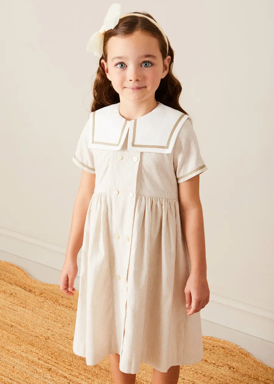 Waterford Striped Mariner Collar Double Breasted Short Sleeve Dress for Girls 12 Months to 10 Years - Beige Nautical Style Summer Outfit for Beach, Party & Casual Wear