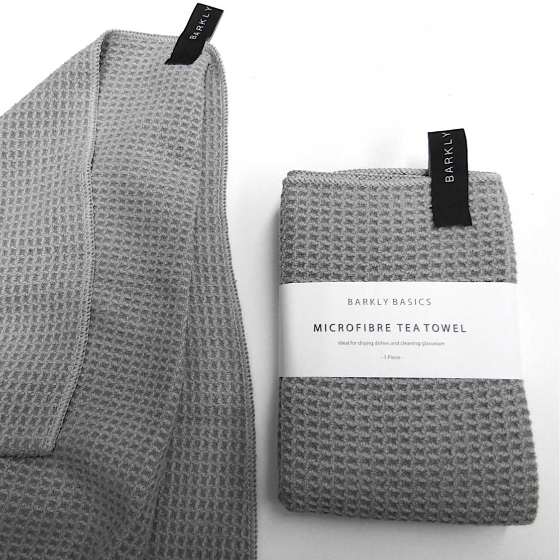 Premium BARKLY BASICS Microfiber Tea Towel - Super Absorbent & Quick-Drying Kitchen Towel for Dishes, Glassware & Countertops | Soft & Durable Grey Dish Cloth for Everyday Cleaning & Drying