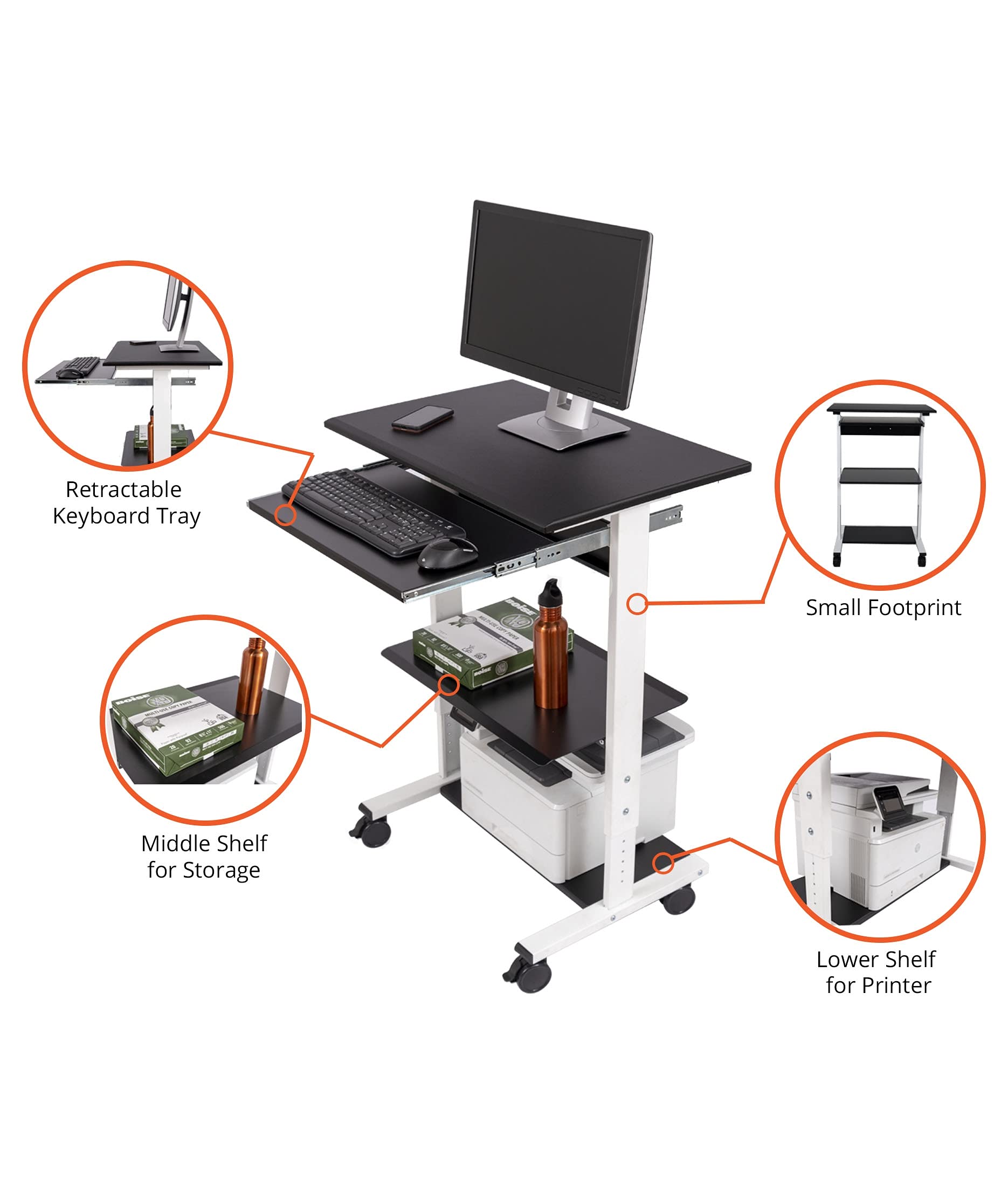 Adjustable Height Standing Desk with Wheels - Mobile Rolling Sit Stand Workstation with Printer Shelf & Slideout Keyboard Tray (White Frame/Black Top, 30