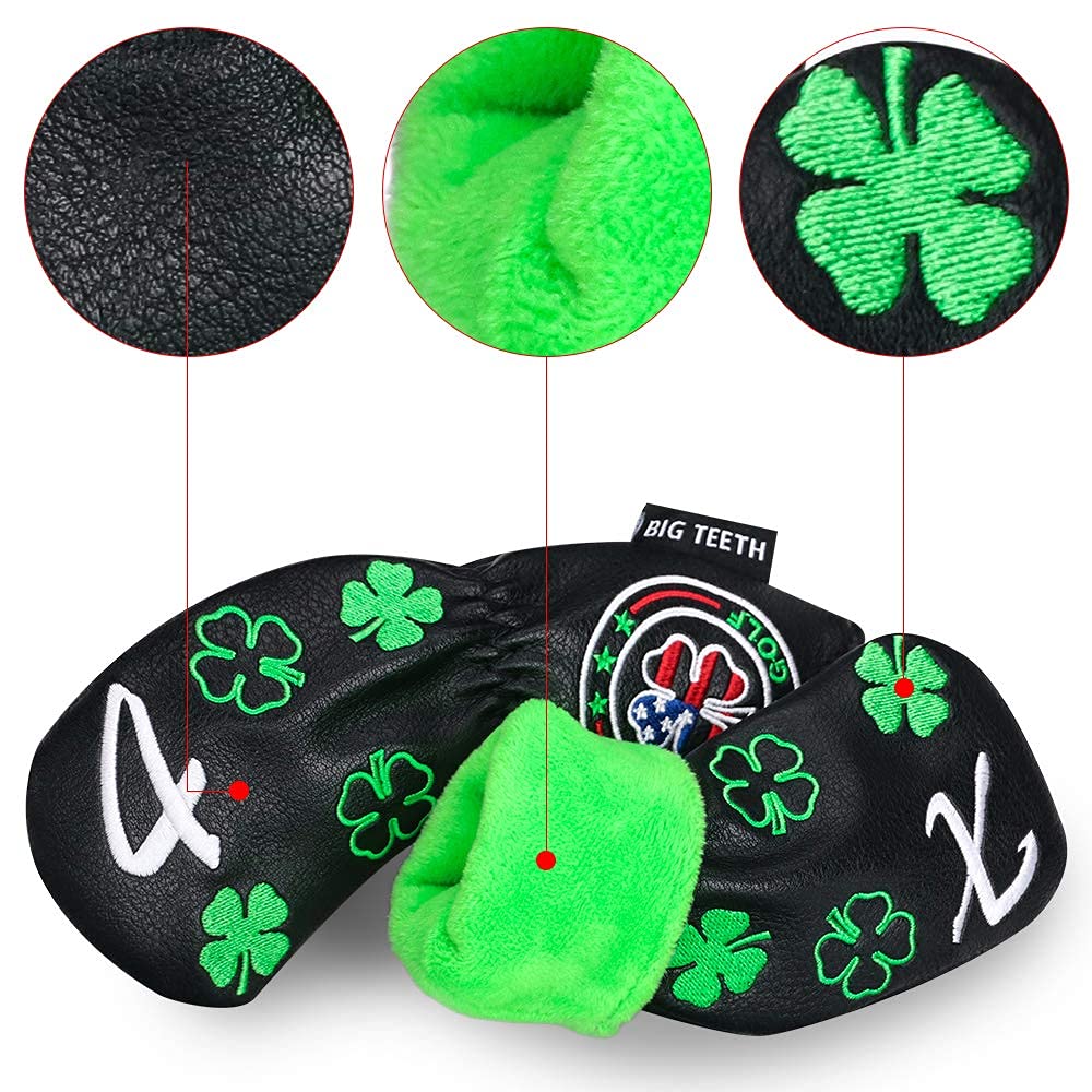 Big Teeth Golf Iron Head Covers Set - 11Pcs Lucky Clover Design Long Neck Protection for Taylormade SIM, Cleveland & More | Perfect for Golf Course Play & Club Storage
