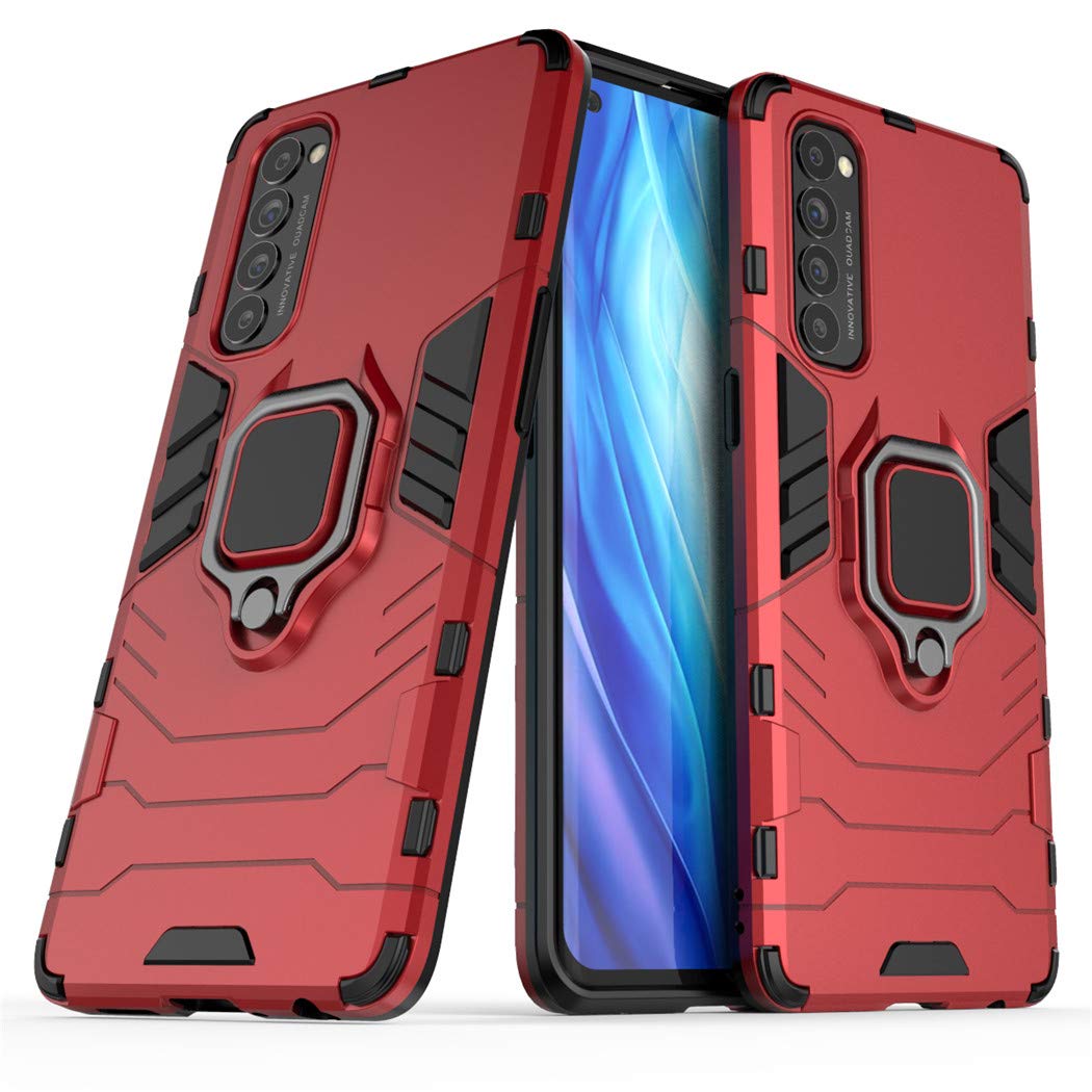 LuluMain Shockproof Hard Bumper Case for Oppo Reno 4 Pro 4G - Metal Ring Grip & Kickstand, Magnetic Car Mount Compatible, Dual Layer Rugged Cover (Red) - Perfect for Outdoor Activities, Travel, and Daily Protection