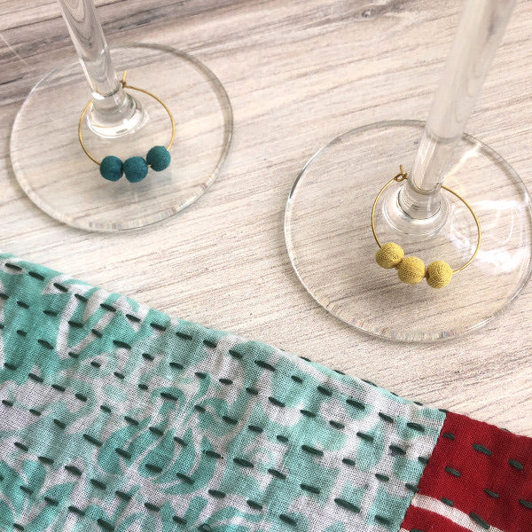 Handmade Kantha Wine Glass Charms Set of 6 - Unique Handcrafted Wine Glass Markers for Parties, Weddings & Holiday Gatherings