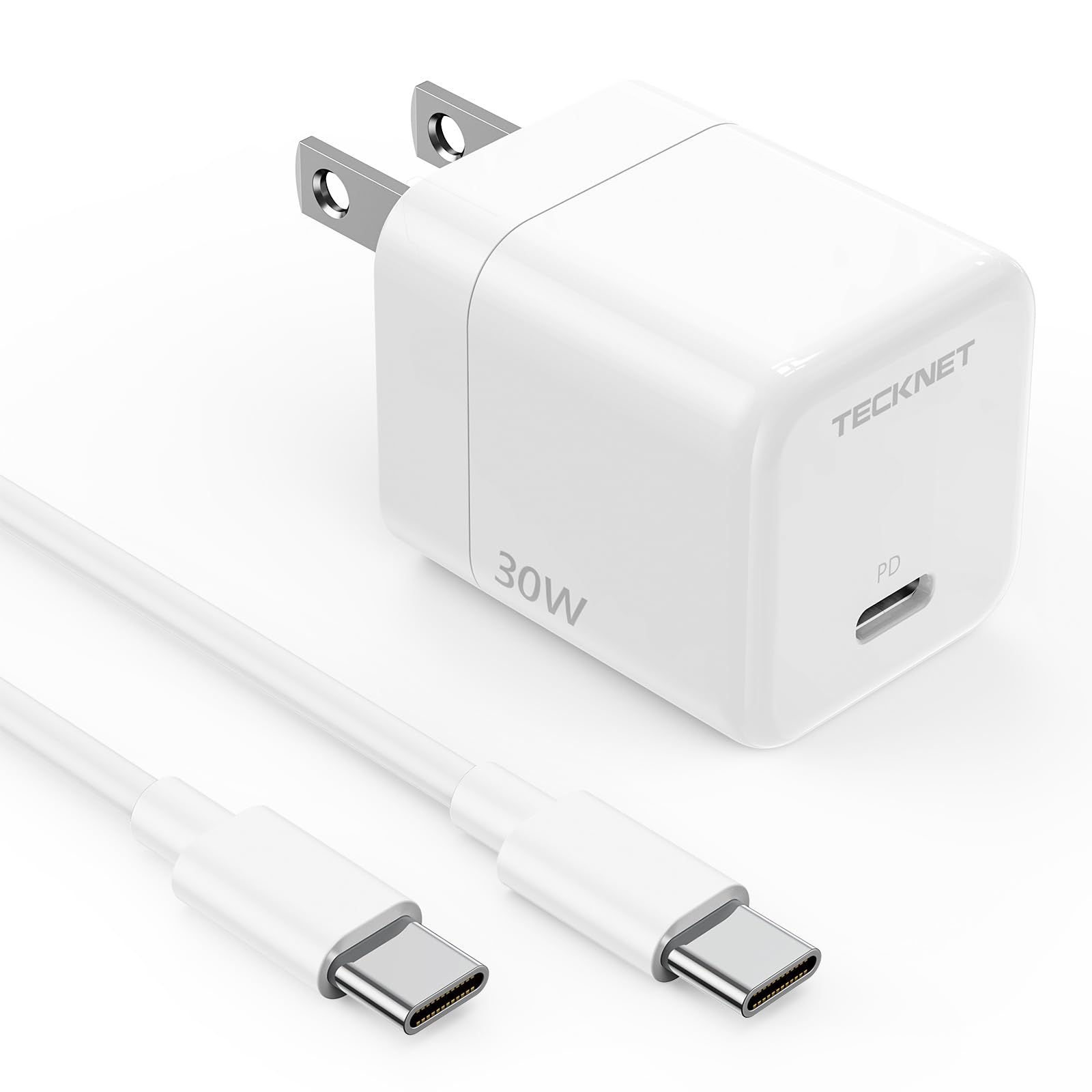 TECKNET 30W USB C Fast Charger Block, Mini Foldable Plug PD Wall Charger with 5FT Type-C Cable - Compatible with iPhone 15/16 Series, Pixel, Galaxy, iPad - Perfect for Travel, Office & Home Charging