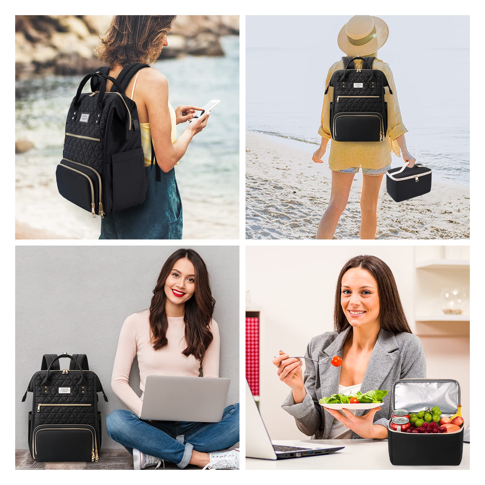 ETRONIK Insulated Lunch Backpack for Women & Men - 15.6 Inch Laptop Backpack with USB Charging Port, Cooler Compartment - Perfect for Work, School, Nursing, Teaching & Travel - Black