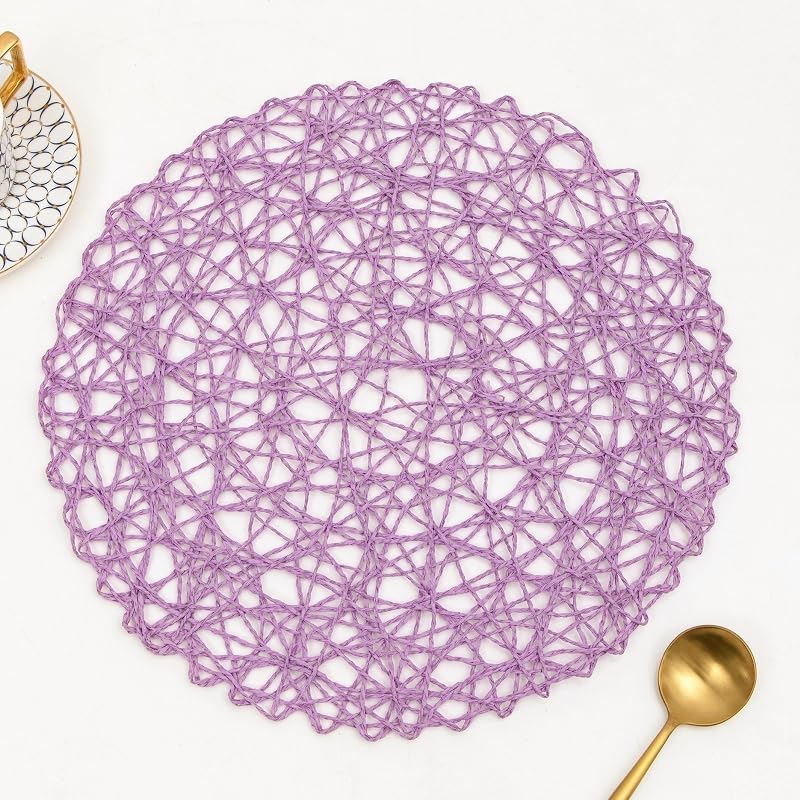 IcosaMro 6-Pack Purple Round Placemats Set - 15 Inch Boho Woven Paper Placemats for Dining Table - Decorative Circle Mats for Wedding, Christmas, Thanksgiving & Holiday Dinner - Lavender Color - Perfect for Home Decor, Party Table Settings & Seasonal Celebrations