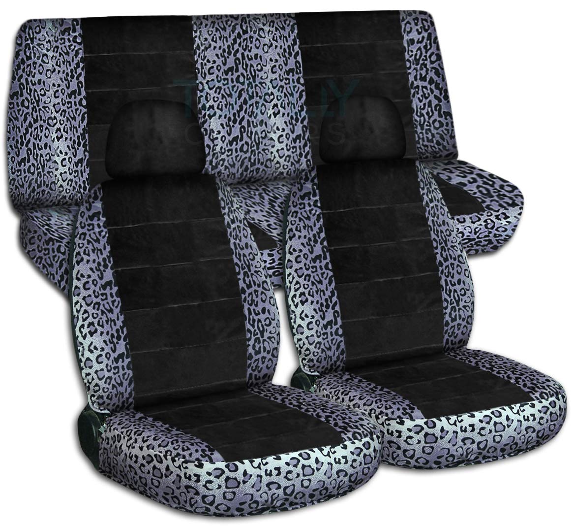 Gray Leopard Print Universal Car Seat Covers Full Set with 2 Headrest Covers - Semi-Custom Fit for Cars, Trucks, Vans, RVs & SUVs (30 Pattern Options) - Protect Seats from Pets, Spills & Wear for Daily Commute, Road Trips & Outdoor Adventures