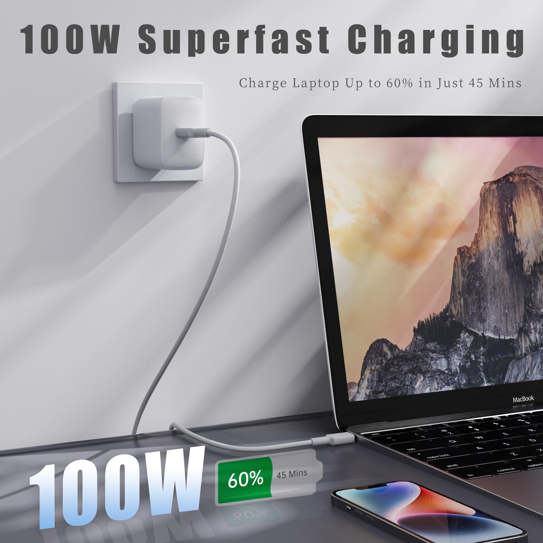 100W USB C to USB C Fast Charging Cable 2-Pack - Type C PD Charger for iPhone 15 Pro Max/15 Pro/15, iPad Pro/Air, MacBook Air, Samsung Galaxy S23/S22, Huawei P10, Google Pixel, Nintendo Switch - Perfect for Travel, Office & Home Charging