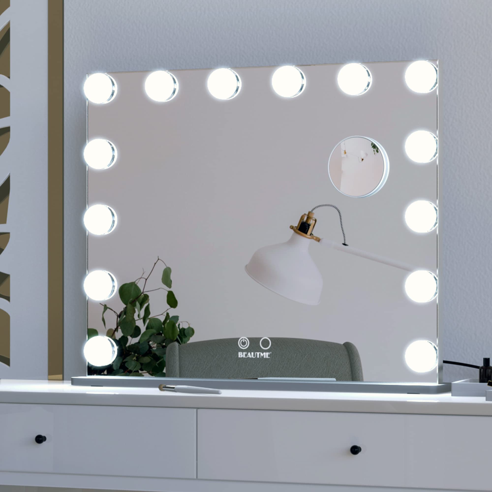 BEAUTME Hollywood Style Vanity Mirror with LED Lights - 24.4x19.7 Inch Tabletop/Wall Mounted Makeup Mirror, Detachable 10X Magnification for Precise Makeup Application - Perfect for Dressing Room, Bedroom & Bathroom Vanity (Silver)