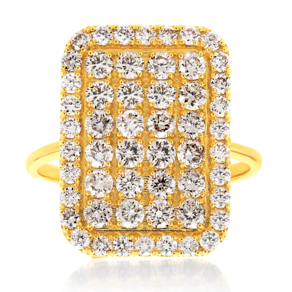 18ct Yellow Gold 2 Carat Diamond Rectangle Cluster Ring for Women - Elegant Wedding, Engagement & Anniversary Jewelry Gift
