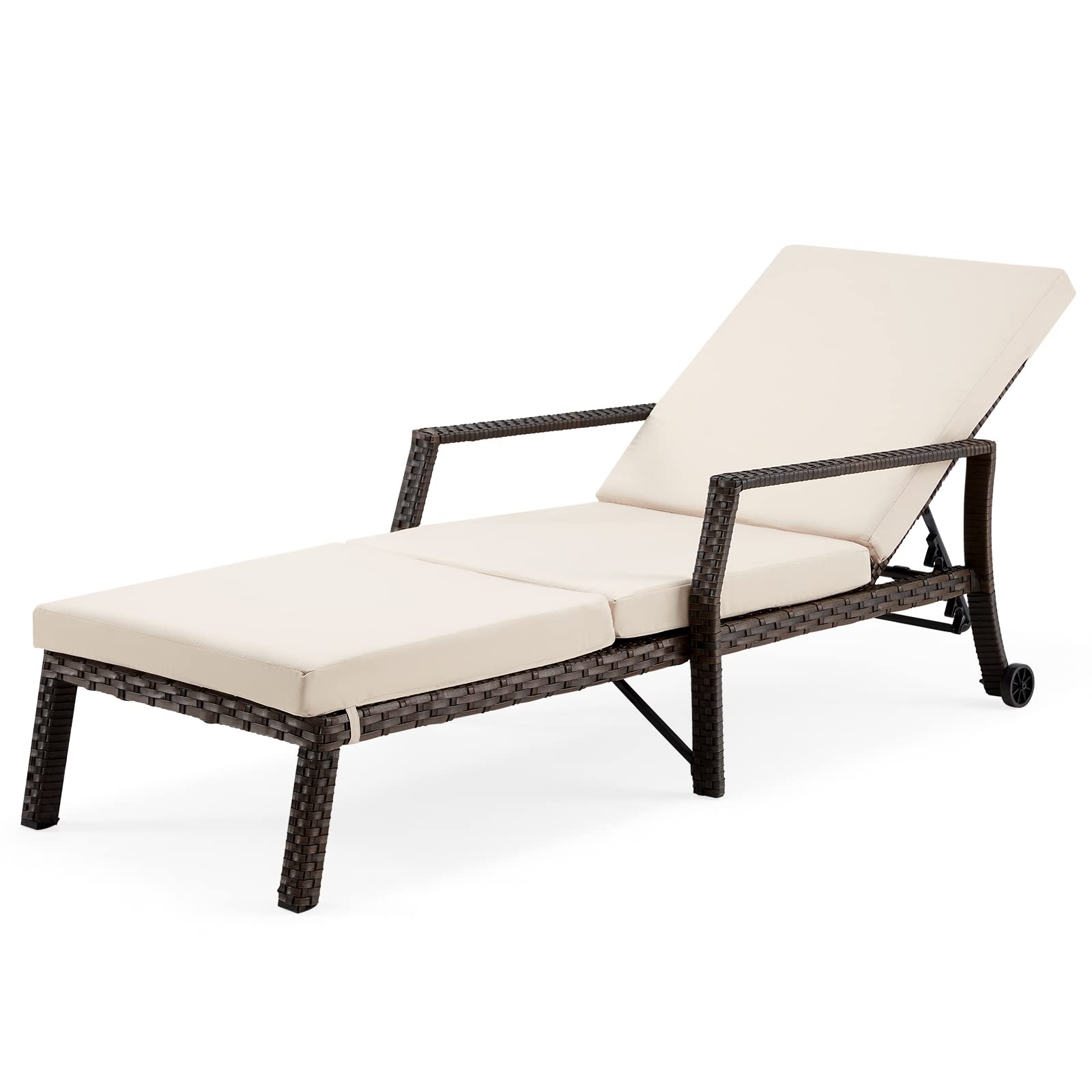 UPHYB Outdoor Chaise Lounge Chair - Adjustable Rattan Wicker Poolside Chair with 2 Wheels & Thickened Cushion - Perfect for Patio, Deck, Backyard, Beach & Garden Relaxation (Khaki)