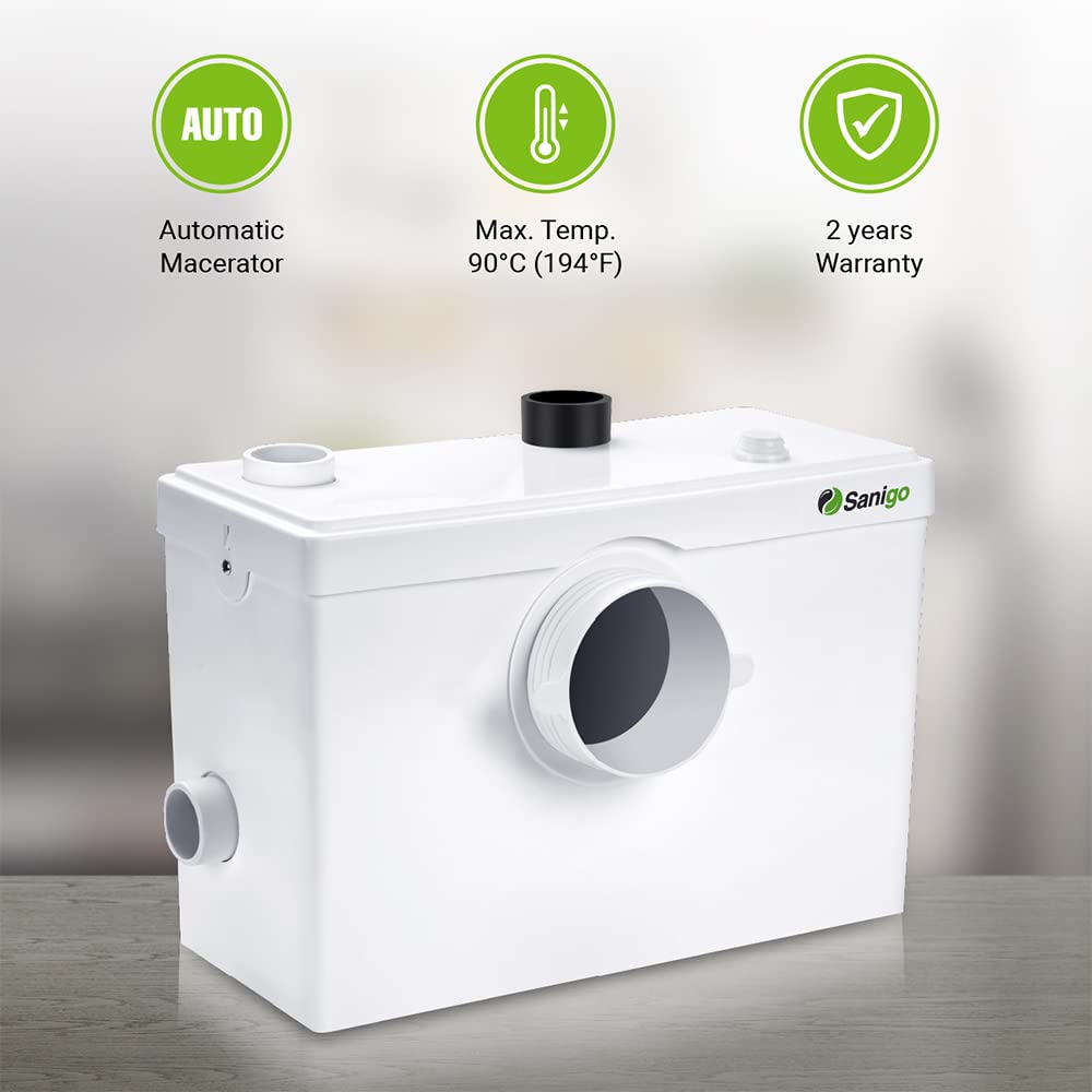 SANI600 Automatic Sanitary Grinder Pump - 600W Quiet Waste Water Disposal System with 3/1 Inlets for Toilet & Sink | Perfect for Basement, RV & Small Bathroom Plumbing Solutions