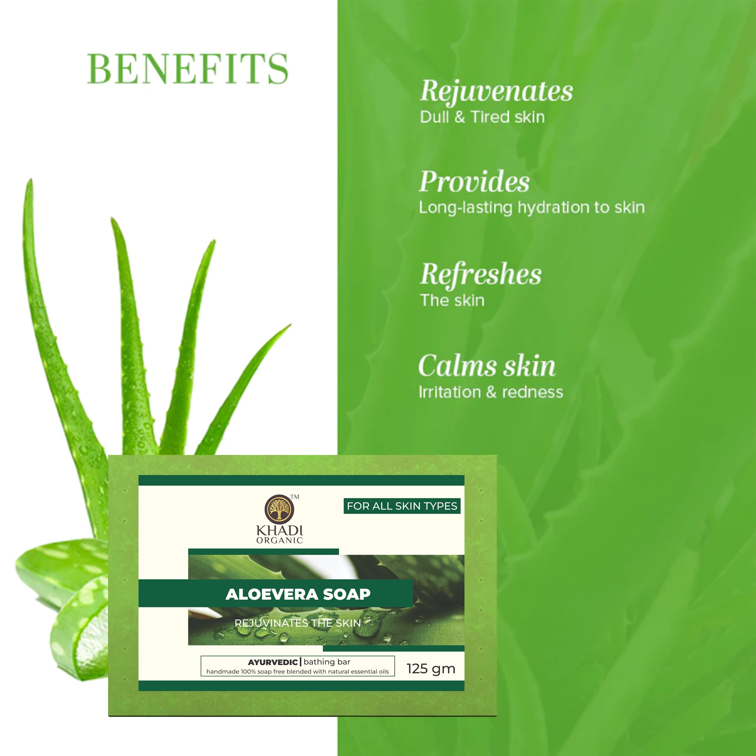 Organic Aloe Vera Soap for Face & Body - Khadi Natural 125g | All Skin Types | Moisturizing & Cleansing | Perfect for Dry, Sensitive & Acne-Prone Skin | Vegan & Chemical-Free Skincare