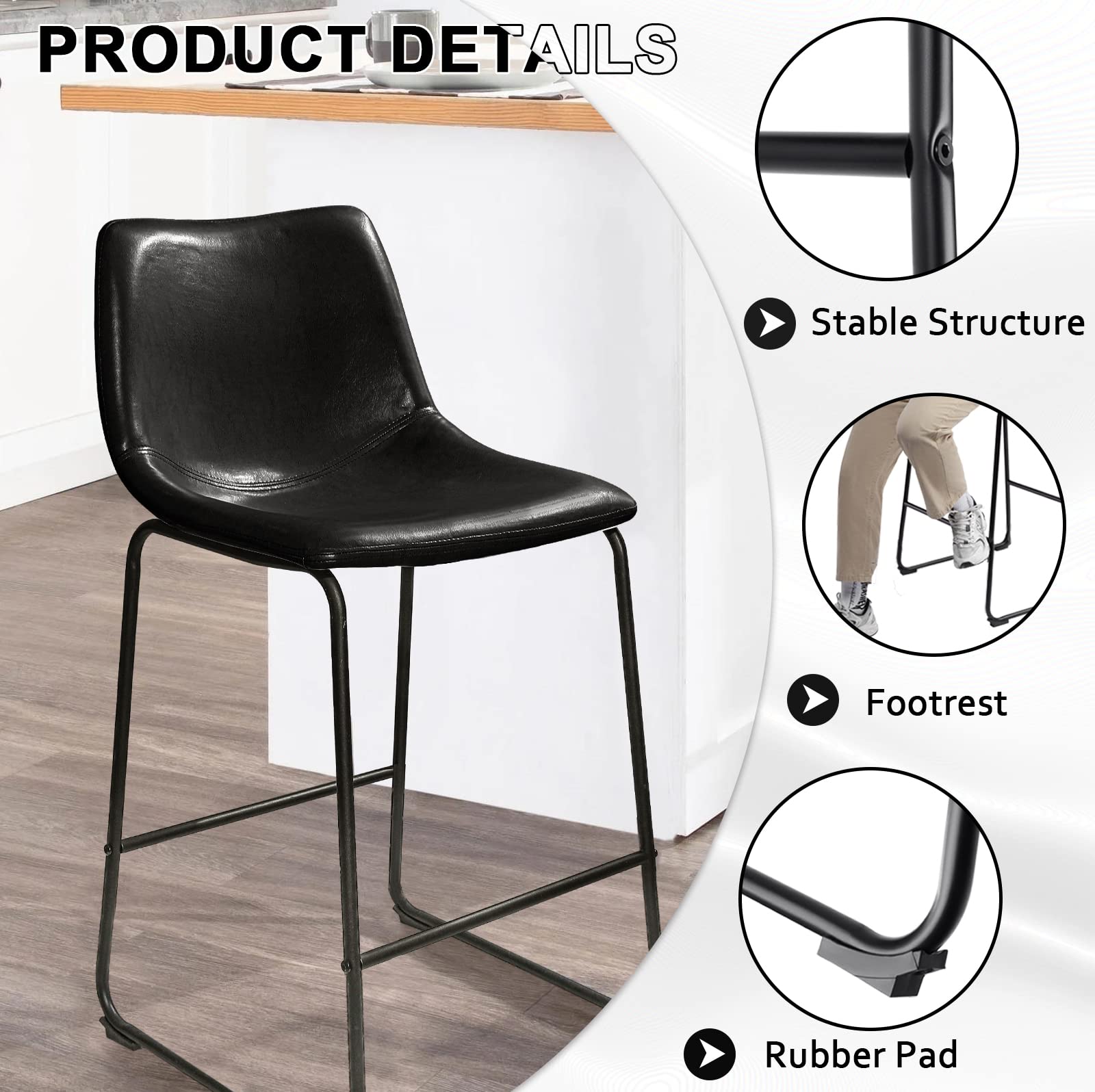 LEMBERI 26 Inch Bar Stools Set of 2 - Modern Counter Height Bar Stools with Faux Leather Upholstery & Metal Legs - Back Support Armless Bar Chairs for Kitchen Island, Breakfast Nook, or Home Bar (Black, 2 Pack)