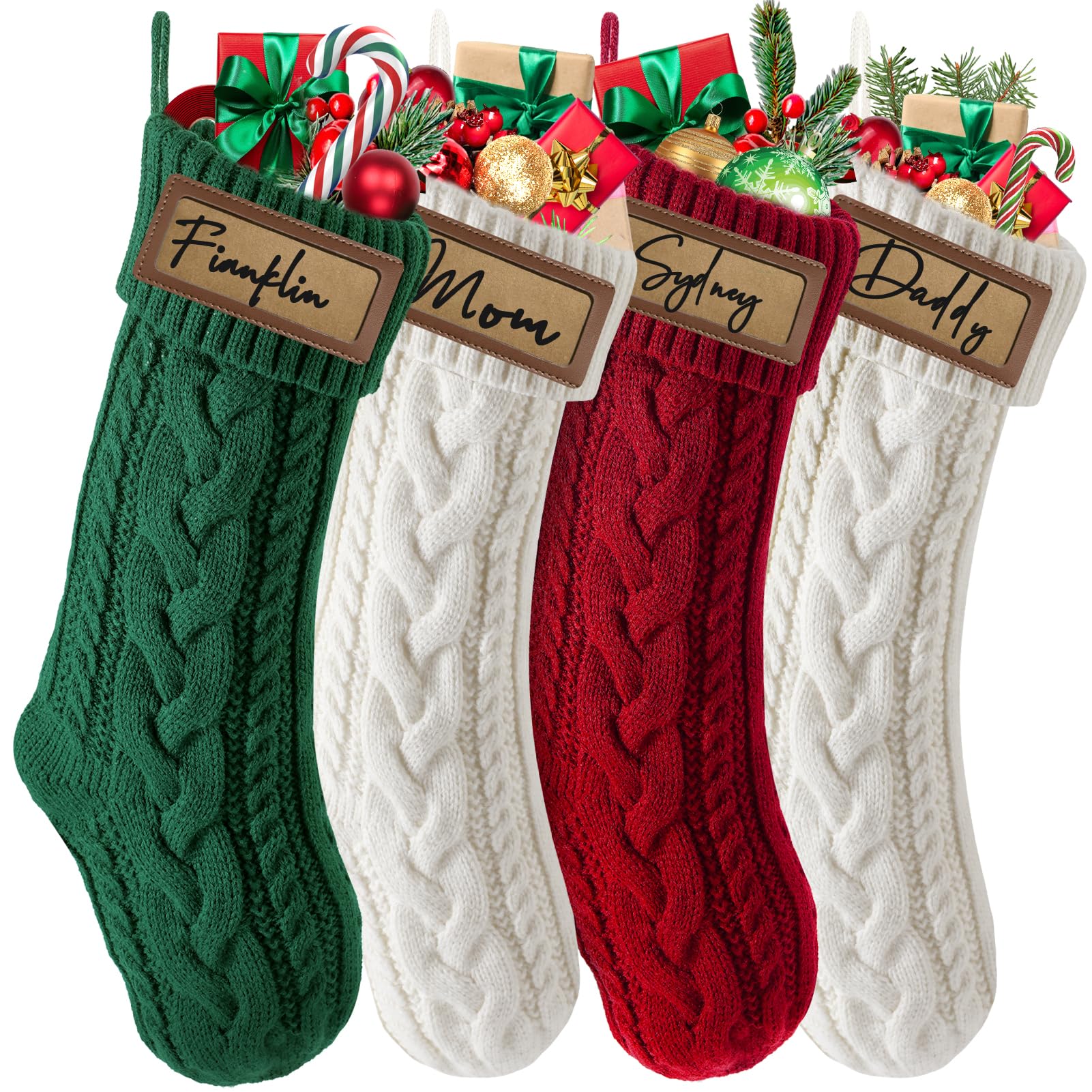4 Pack Personalized Christmas Stockings with Leather Patches - Custom Name Family Xmas Stockings (18.5