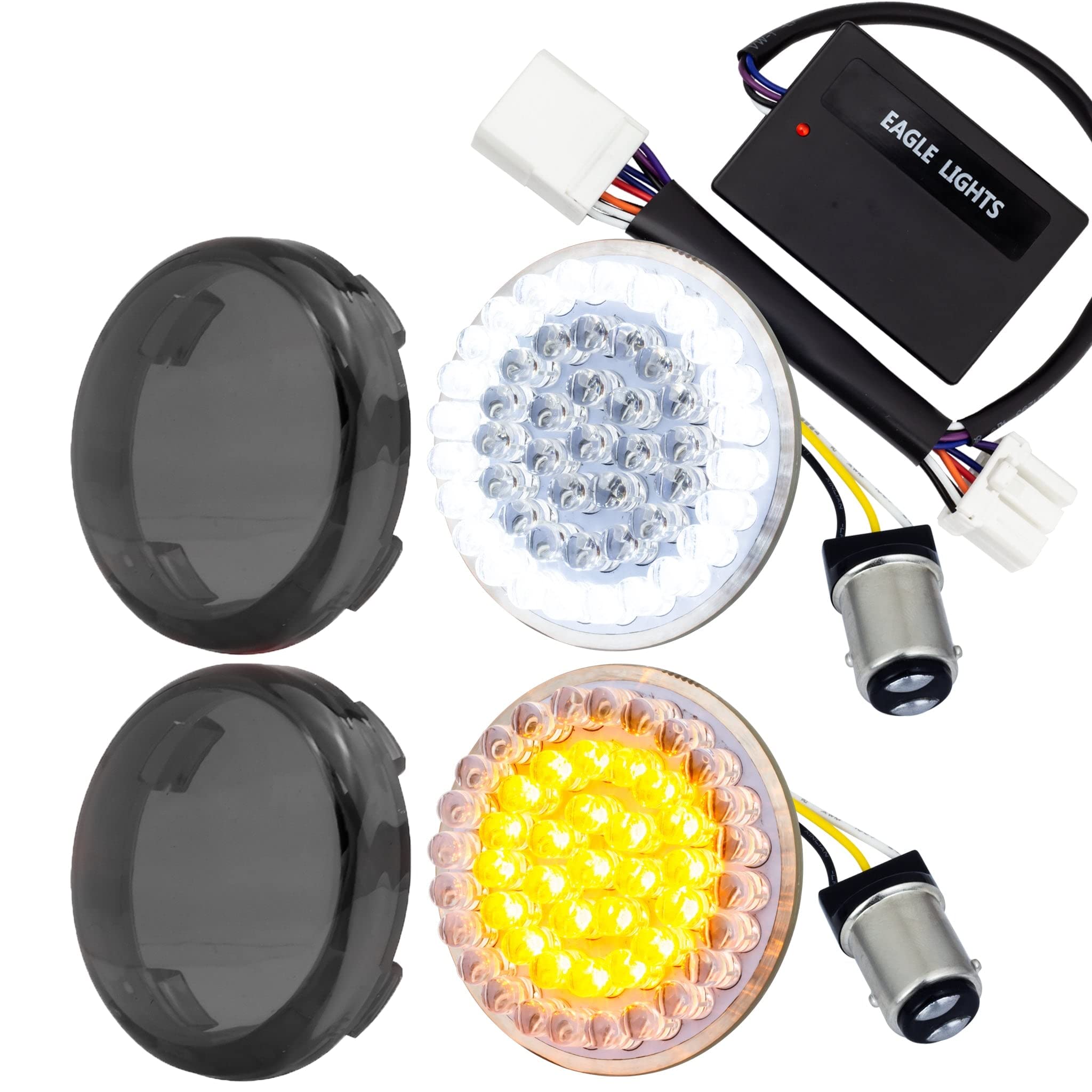 Eagle Lights 8748TS-S-EE 2 Inch Front LED Turn Signals with White Halo Running Lights for Harley Davidson Motorcycles - Gen I 1157 Base, Smoked Lenses & Load Equalizer - Enhanced Visibility for Night Riding and Custom Bike Builds