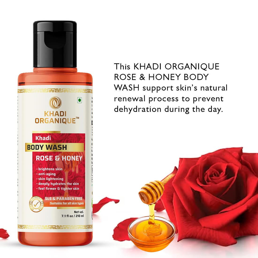 Khadi Organique Rose & Honey Body Wash - SLS & Paraben Free, 210ml - Hydrating & Nourishing for Dry Skin - Perfect for Daily Shower & Spa Relaxation