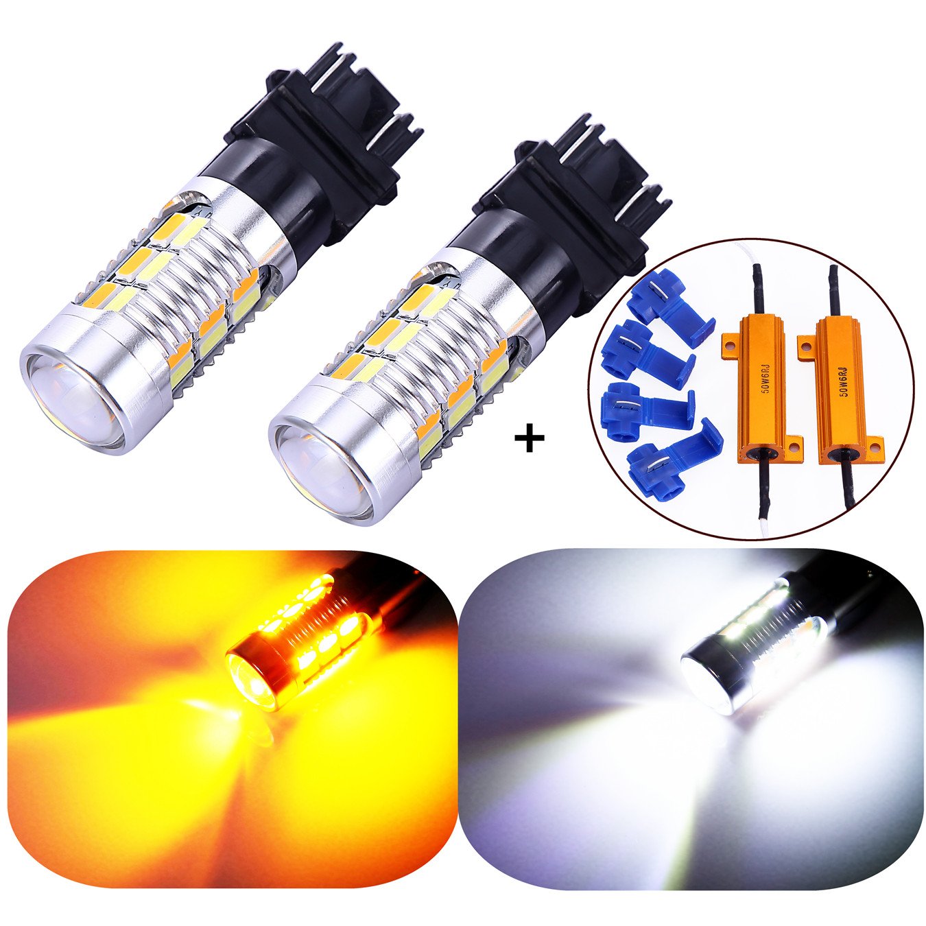 3157 3057 3357 4157 Canbus LED Turn Signal Bulbs - White/Yellow Switchback, 22 SMD with Projector, Standard Socket Compatible (Not for CK), Pair with Load Resistors - Perfect for Car, Truck, Motorcycle Turn Signal Upgrades