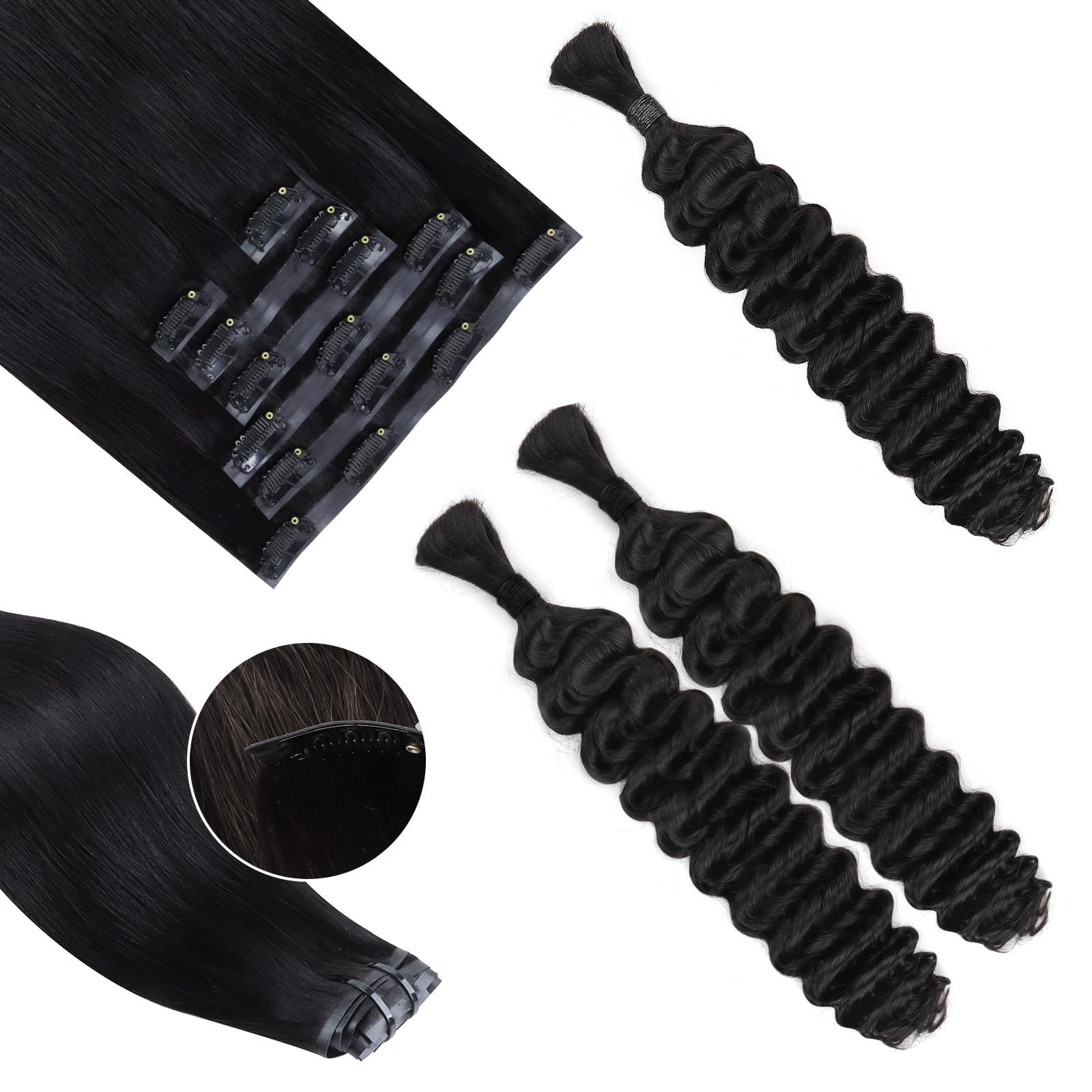 Clip in Hair Extensions Straight 14 Inch & Human Braiding Hair Deep Wave 16 Inch 50g & 100g – Natural Look for Parties, Weddings & Everyday Styling