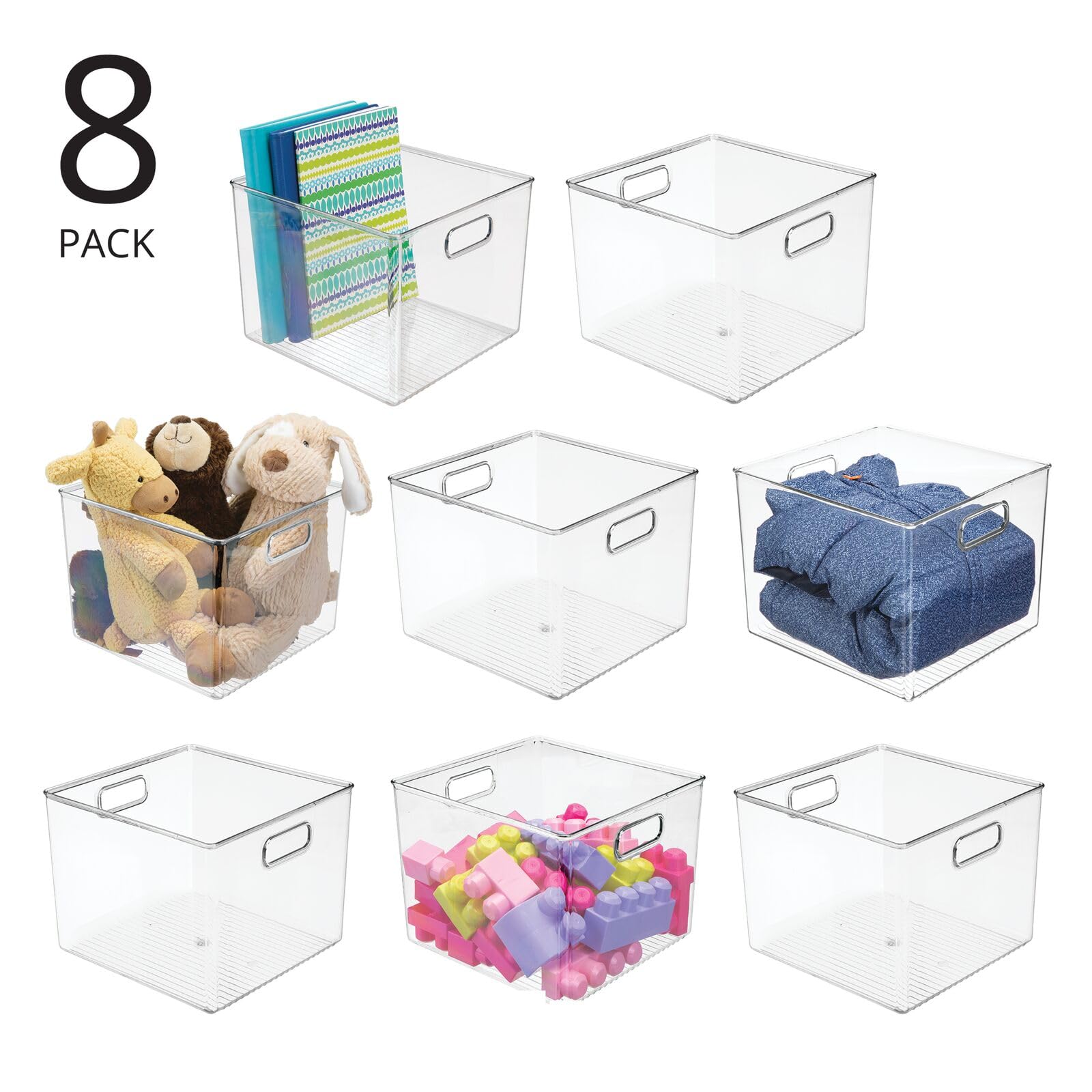 mDesign 8-Pack Clear Plastic Storage Baskets with Handles - Deep Organizer Bins for Cube Shelves | Perfect for Office, Closet, Bedroom, Laundry, Nursery & Kids Toy Room Organization | Durable Home Storage Solution