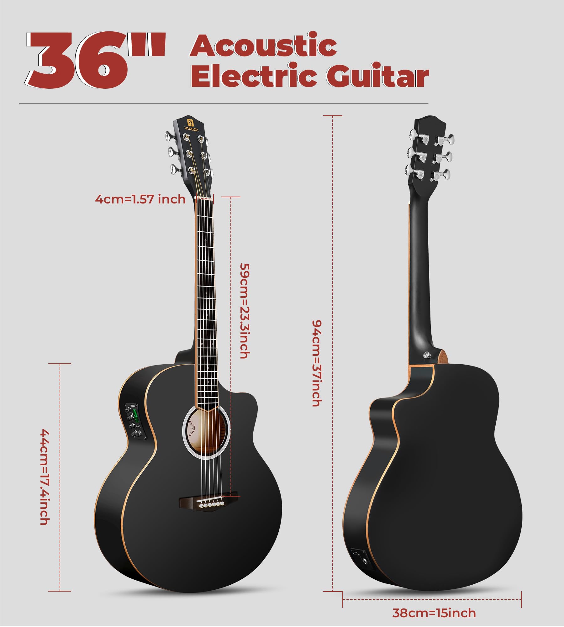 Vangoa 3/4 Acoustic Electric Guitar Kit for Beginners - 36 Inch Junior Cutaway Travel Guitar with Upgraded Starter Bundle (Black Matte) | Perfect for Adults & Teens Learning Guitar at Home, Travel or Outdoor Performances