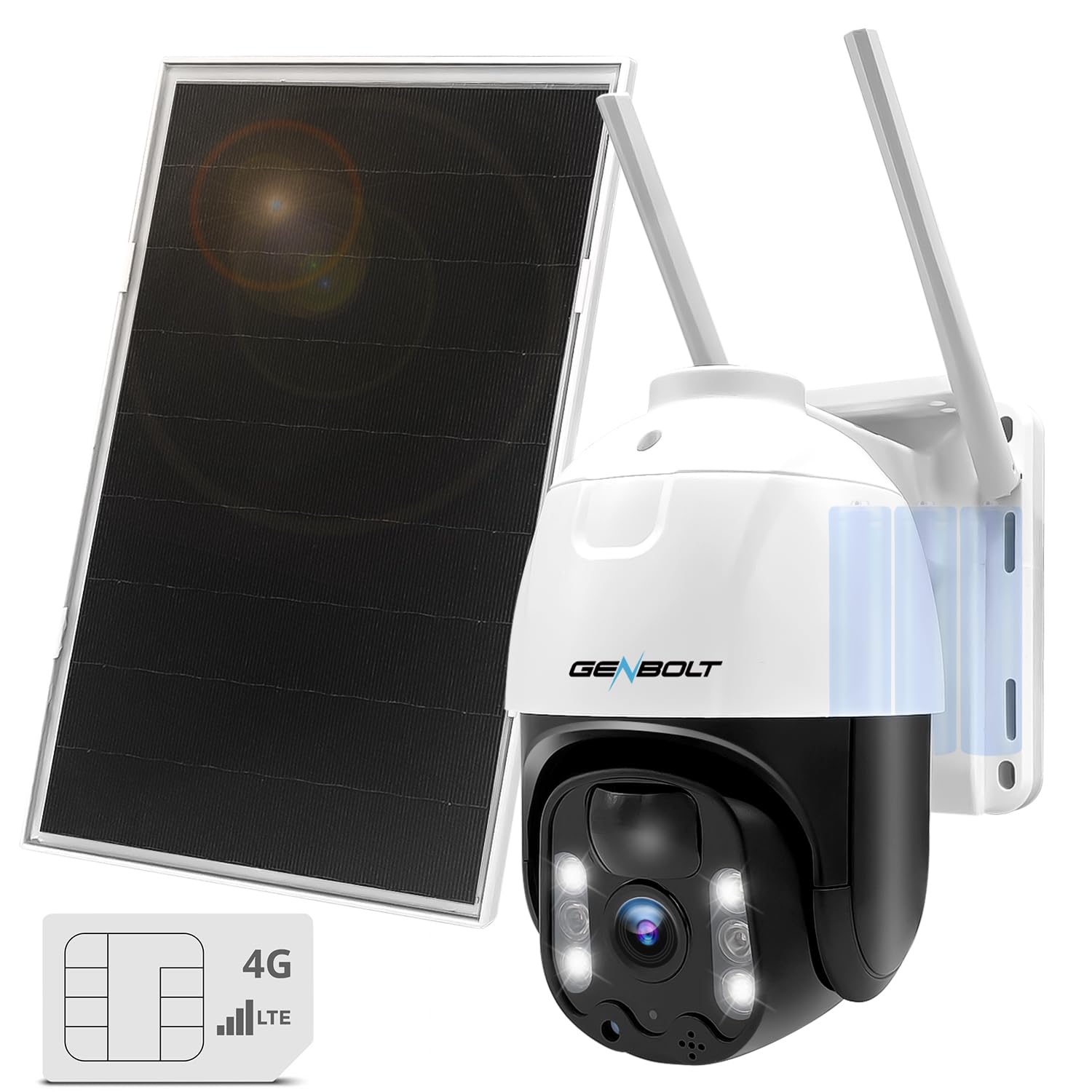 GENBOLT 4G LTE Solar Security Camera Wireless Outdoor - 2K PTZ Battery Powered IP Camera with 8W Solar Panel & 15600mAh Battery, PIR Motion Detection, Spotlight & Siren Alarm for Home Surveillance | Ideal for Yard, Farm, Ranch & Remote Property Monitoring