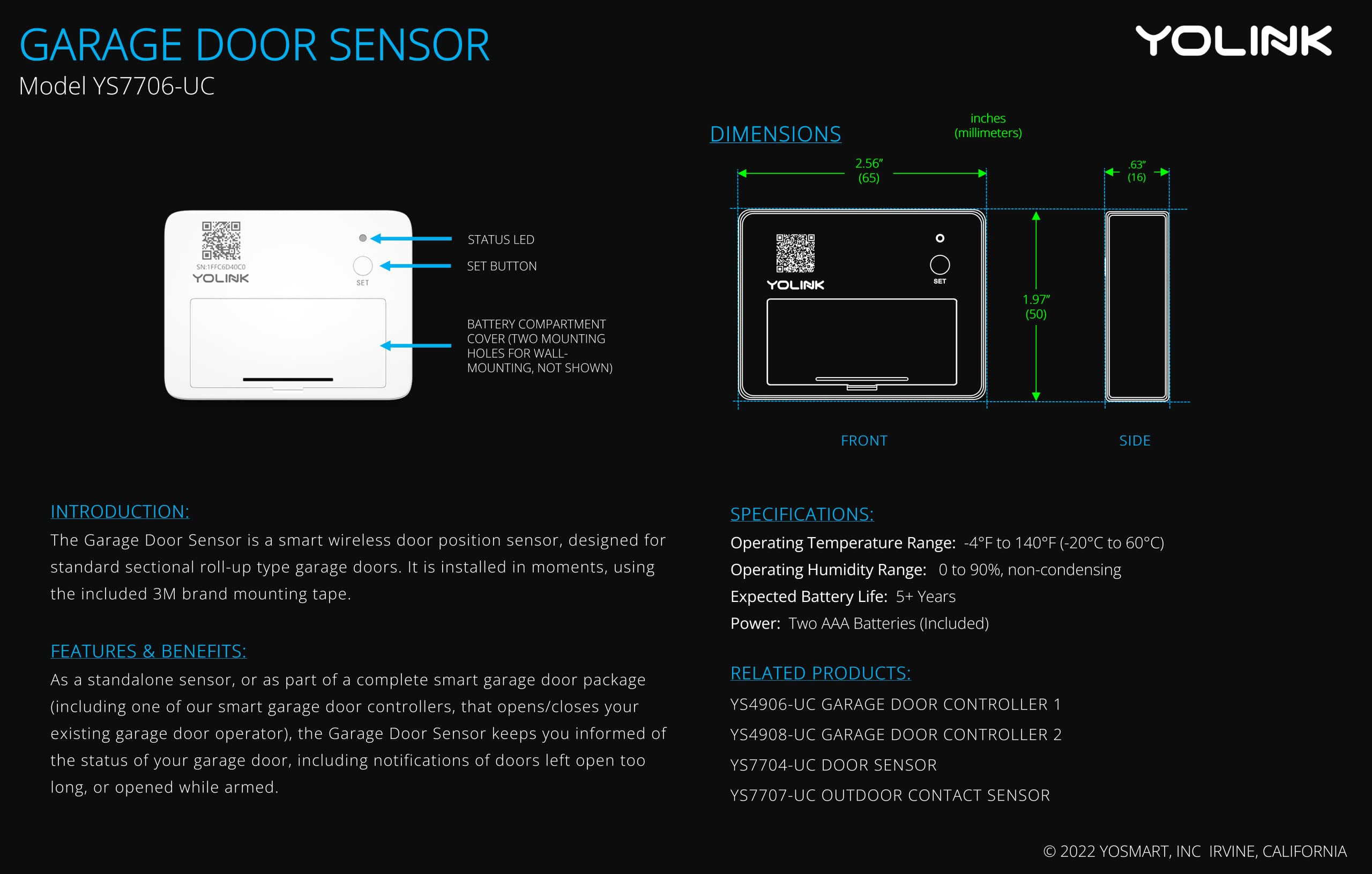 YoLink Smart Garage Door Sensor - Wireless Garage Door Position Monitor with Open/Close Alerts, Works with Alexa, Google Home, IFTTT & Home Assistant (Hub Required) | Perfect for Home Security & Smart Garage Automation