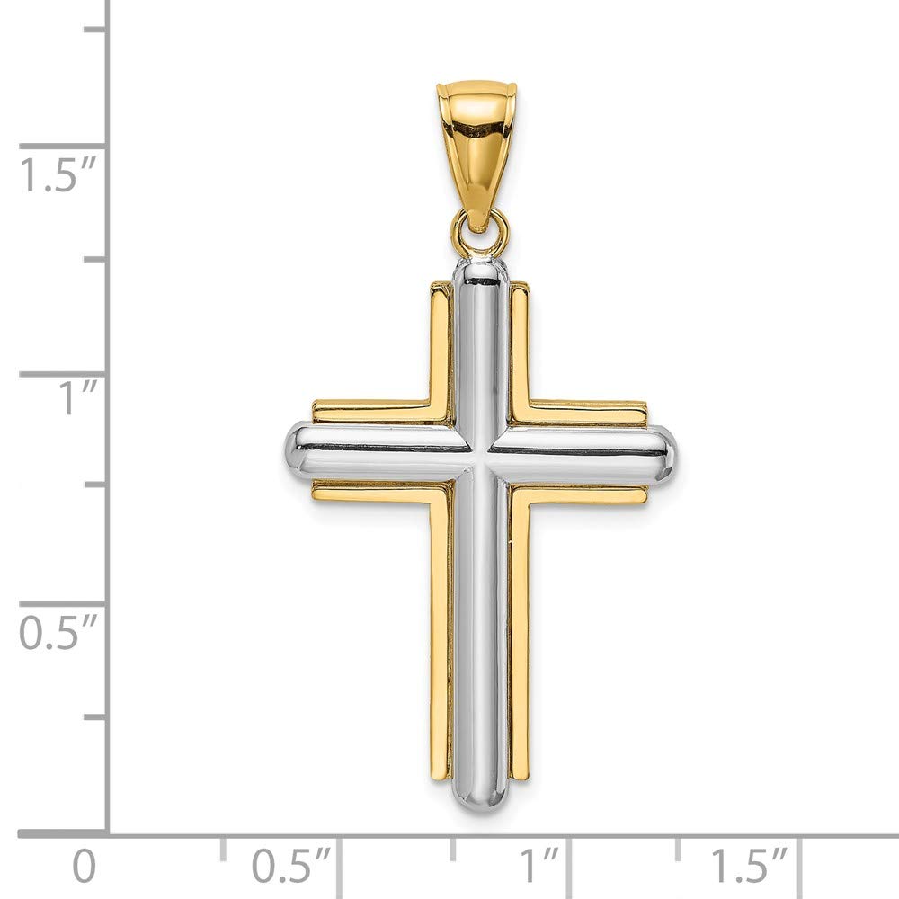 14K White & Yellow Gold Two-Tone Beveled Stick Cross Pendant with Yellow Frame - Elegant Religious Jewelry for Gifts, Baptism, and Everyday Wear