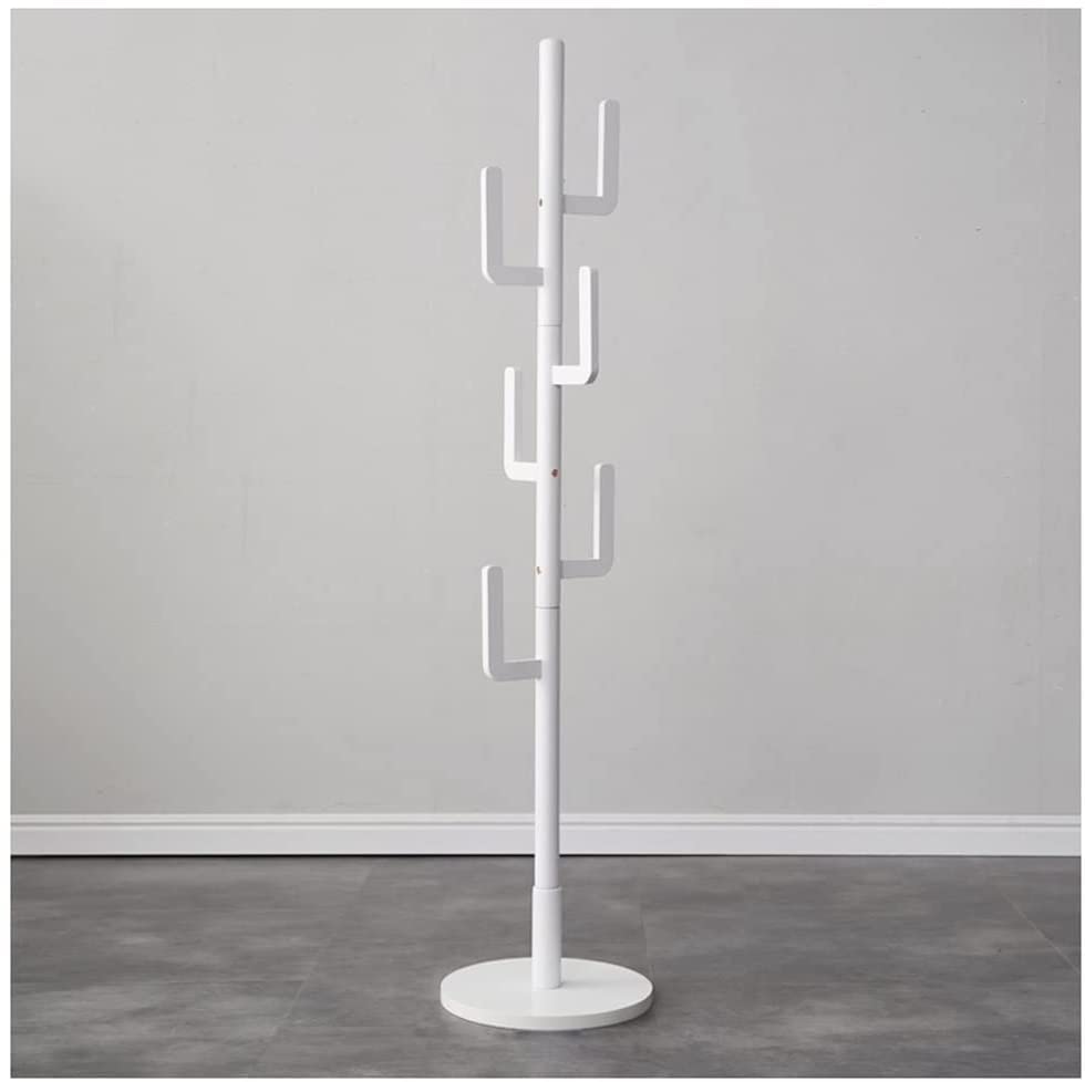 Stylish White Cactus Coat Rack - Adjustable Height Free Standing Solid Wood Tree Stand with 6 Hooks for Clothes, Hats & Scarves | Perfect for Entryway, Bedroom or Office Organization