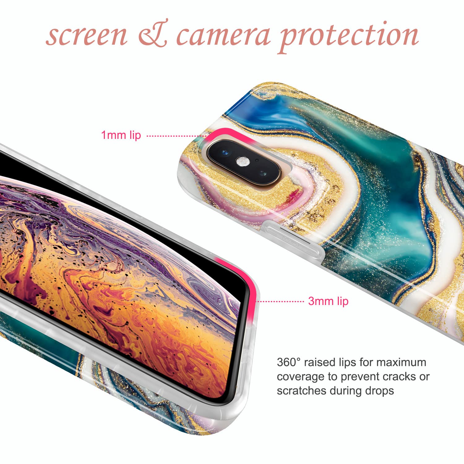 JIAXIUFEN iPhone X/Xs Case - Gold Sparkle Glitter Marble Slim Shockproof TPU Soft Silicone Cover (Dark Green) | Protective Phone Case for Everyday Use, Work & Travel