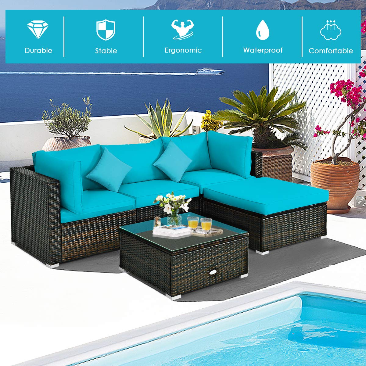 HappyGrill 5-Piece Patio Conversation Set - Outdoor Rattan Wicker Furniture with Sectional Sofa, Ottoman, Coffee Table & Cushions - Perfect for Garden, Lawn, Balcony, Backyard & Poolside Relaxation