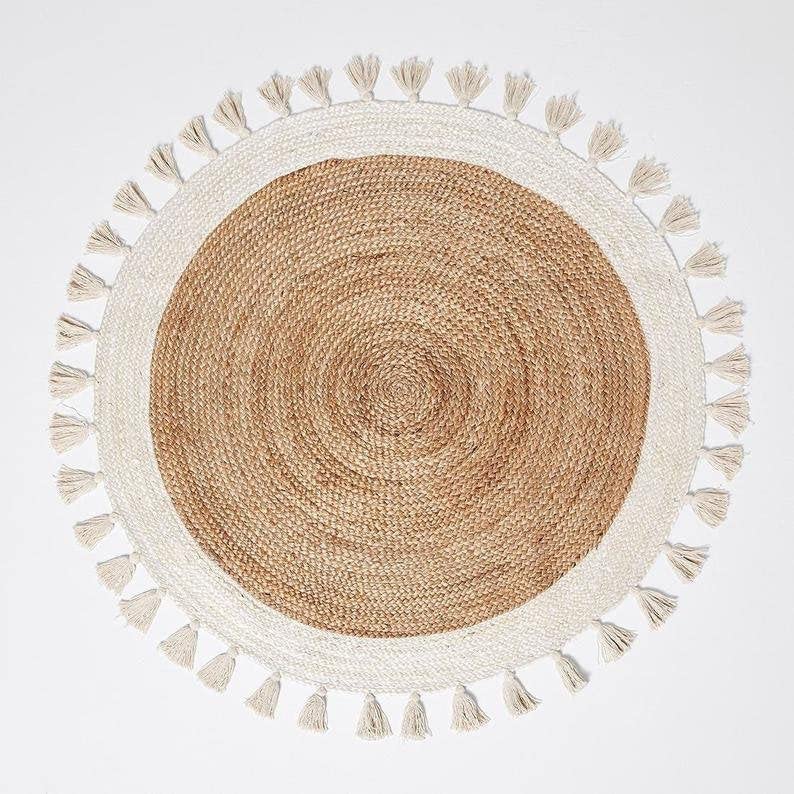 Handwoven 8x8, 9x9, 13x13 Round Braided Jute Rug - Natural White & Beige Bohemian Circle Rug with Tassels | Indian Cotton Area Rug for Living Room, Bedroom & Boho Home Decor