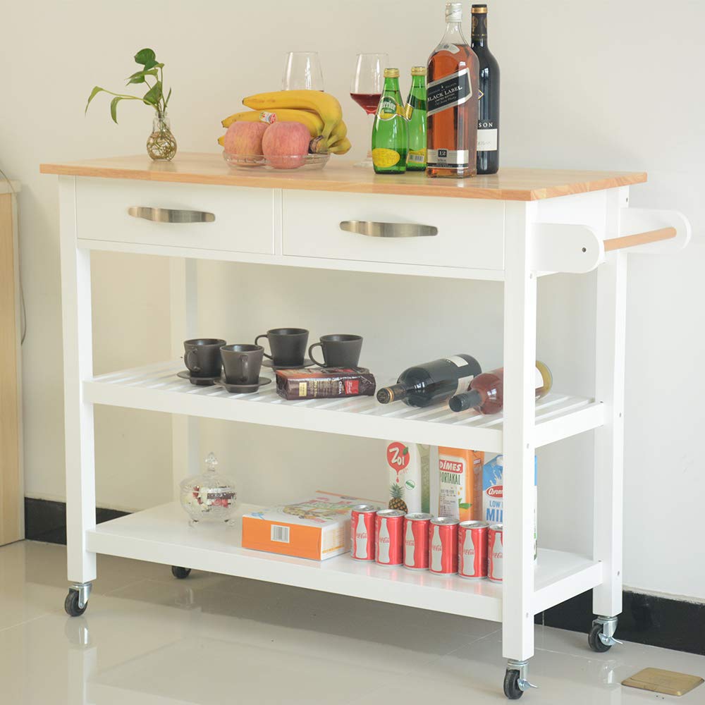 MTFY 3-Tier Rolling Kitchen Island Cart with 2 Drawers & Shelves - Mobile Kitchen Utility Cabinet, Small Kitchen Table for Cooking, Baking & Storage - Perfect for Small Spaces, Apartments & Home Organization