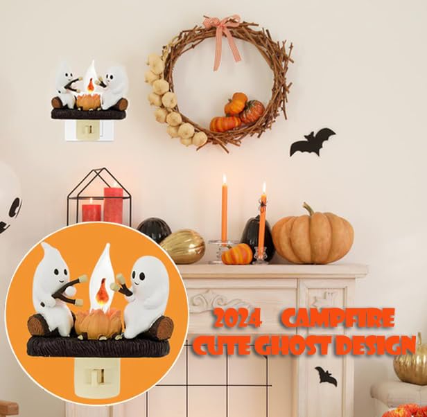 Ghost Campfire Flickering LED Night Light - Halloween Decor with Roasting Marshmallows Ghost - Spooky Flame S'Mores Wall Plug-in Nightlight (2 Pack) for Bedroom, Kids Room & Halloween Party Decorations