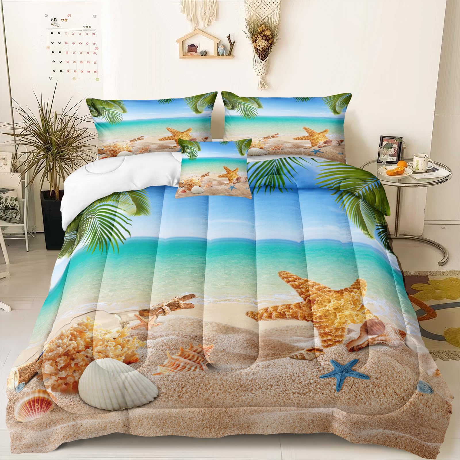 Ocean Beach Themed Queen Size Bedding Set - Tropical Palm Tree Comforter with Conch & Starfish Print | Coastal Style Summer Bedding for Beach House, Vacation Rental & Coastal Decor