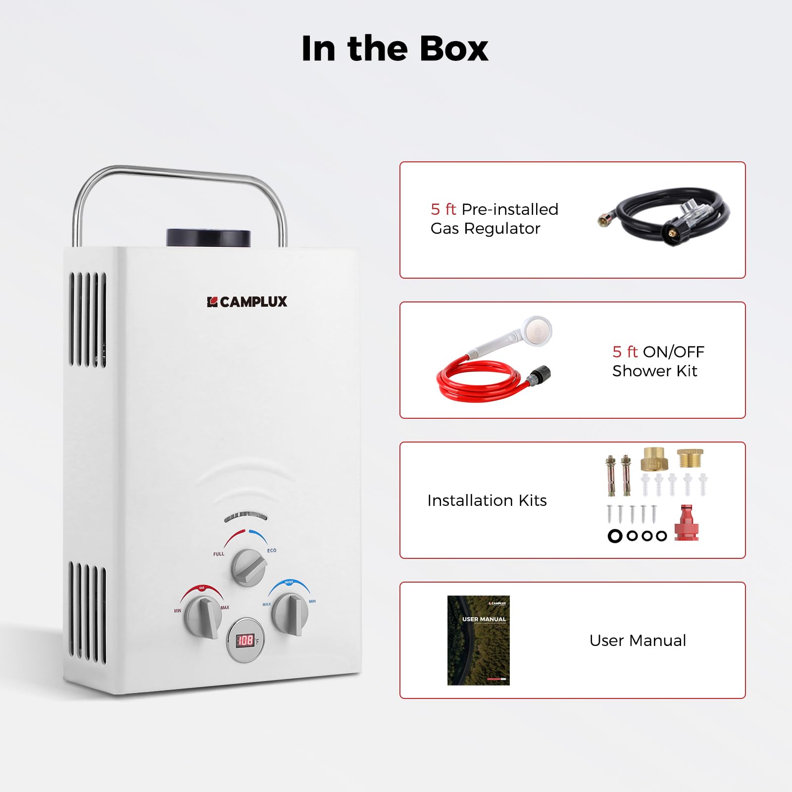 CAMPLUX 1.58 GPM Tankless Propane Water Heater - 41,000 BTU Portable Outdoor Water Heater for Camping, RV, Hunting & Off-Grid Living - Instant Hot Water System (BW158, White)