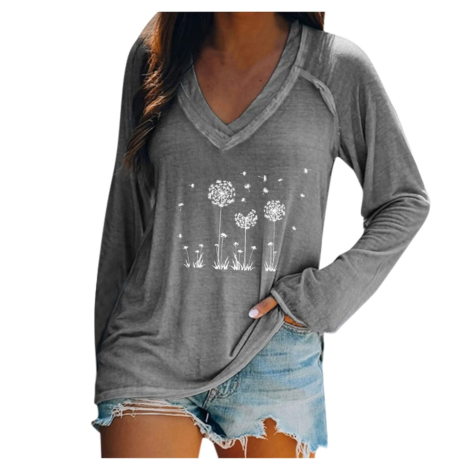 Women's V-Neck Long Sleeve T-Shirt with Dandelion Print - Casual Loose Fit Tunic Top for Everyday Wear, Work & Weekend Outfits