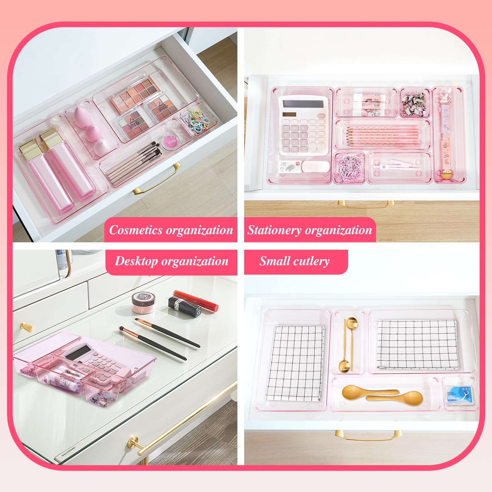 25-Piece Plastic Drawer Organizer Set - 4-Size Bathroom & Vanity Storage Trays for Makeup, Jewelry, Kitchen Utensils & Office Supplies | Space-Saving Pink Organizer Bins for Bedroom, Bath & Home Organization