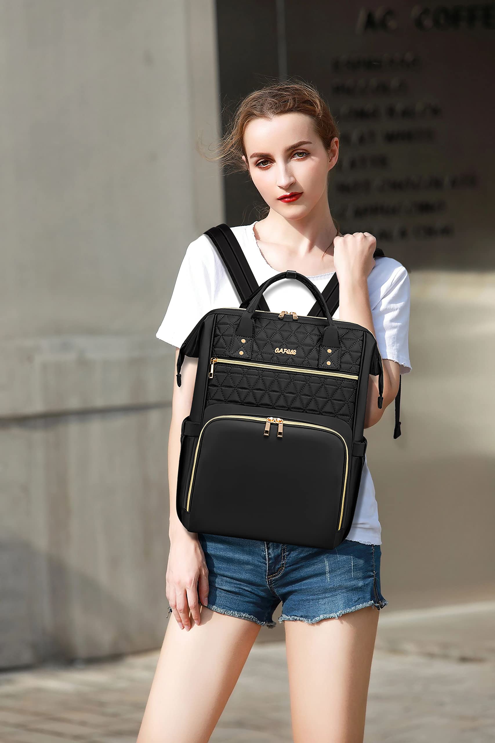 17.3 Inch Laptop Backpack for Women - Anti-Theft Business Backpack with USB Charging Port, Quilted Design - Perfect for Work, Travel & College (Black)