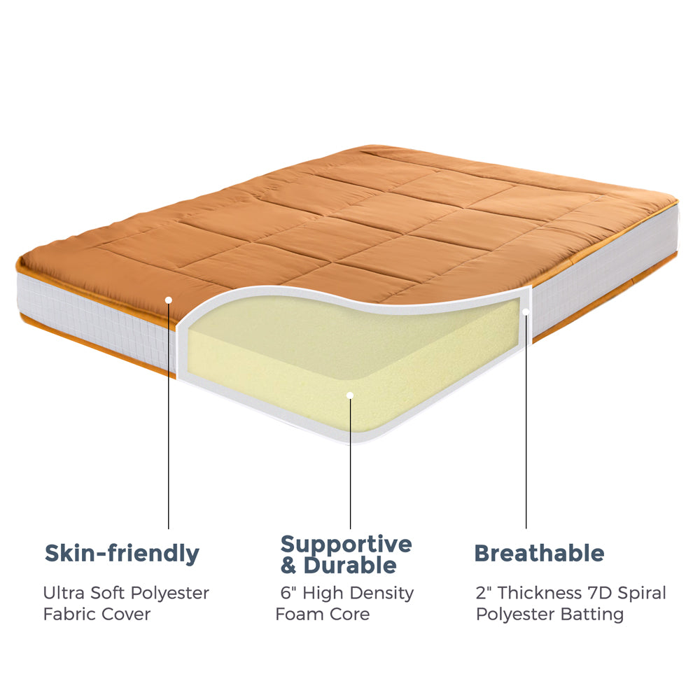 MAXYOYO 8-Inch Thick Japanese Futon Mattress - Super Soft Square Quilting Floor Bed for Guest Room & Small Spaces (Light Brown) | Perfect for Apartments, Dorms & Meditation Rooms