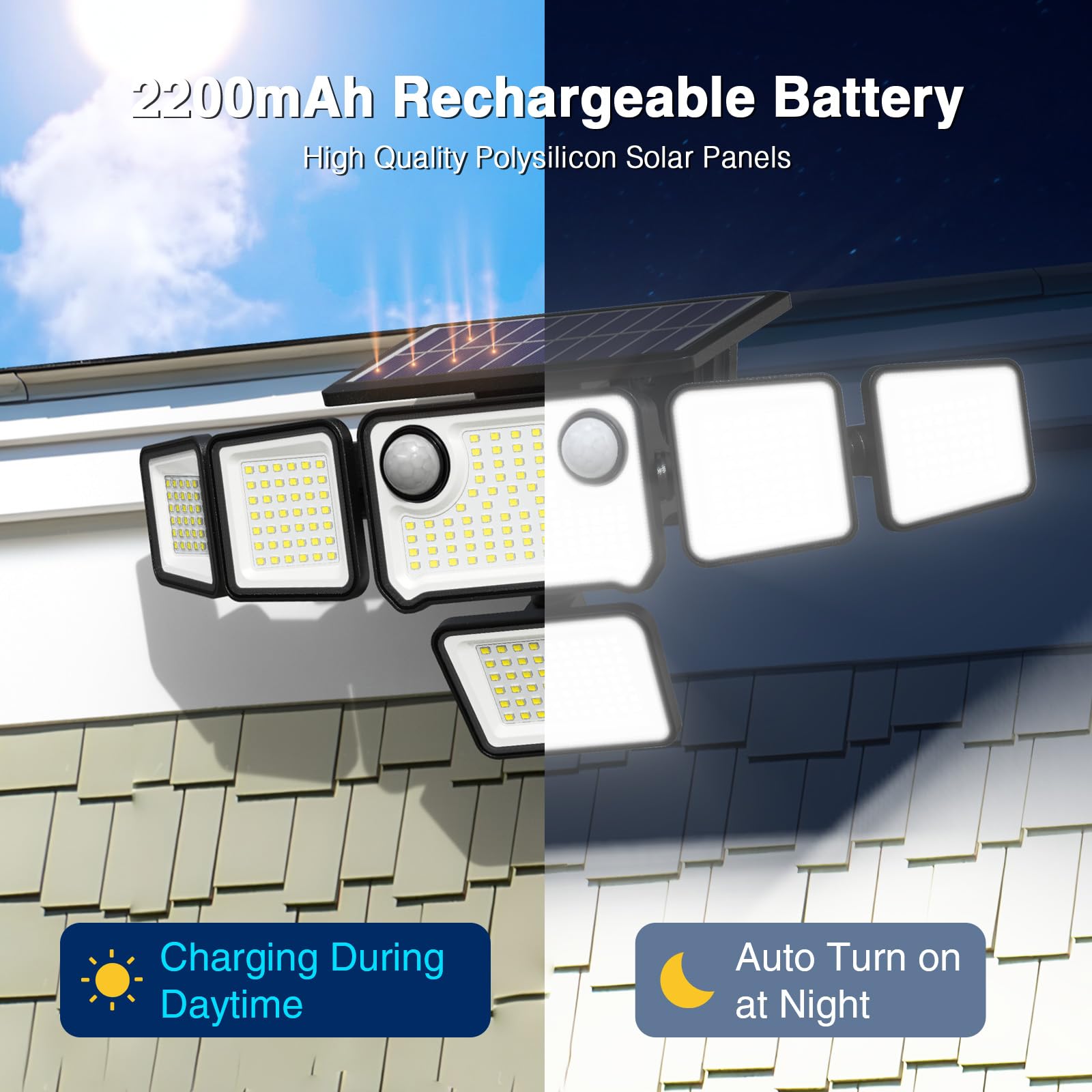 434 LED 3000LM Solar Flood Lights Outdoor Waterproof - 2 Pack with Motion Sensor & Remote Control | 6 Heads Security Lighting for Yard, Garage, House Exterior | Ideal for Pathway, Driveway & Backyard Safety