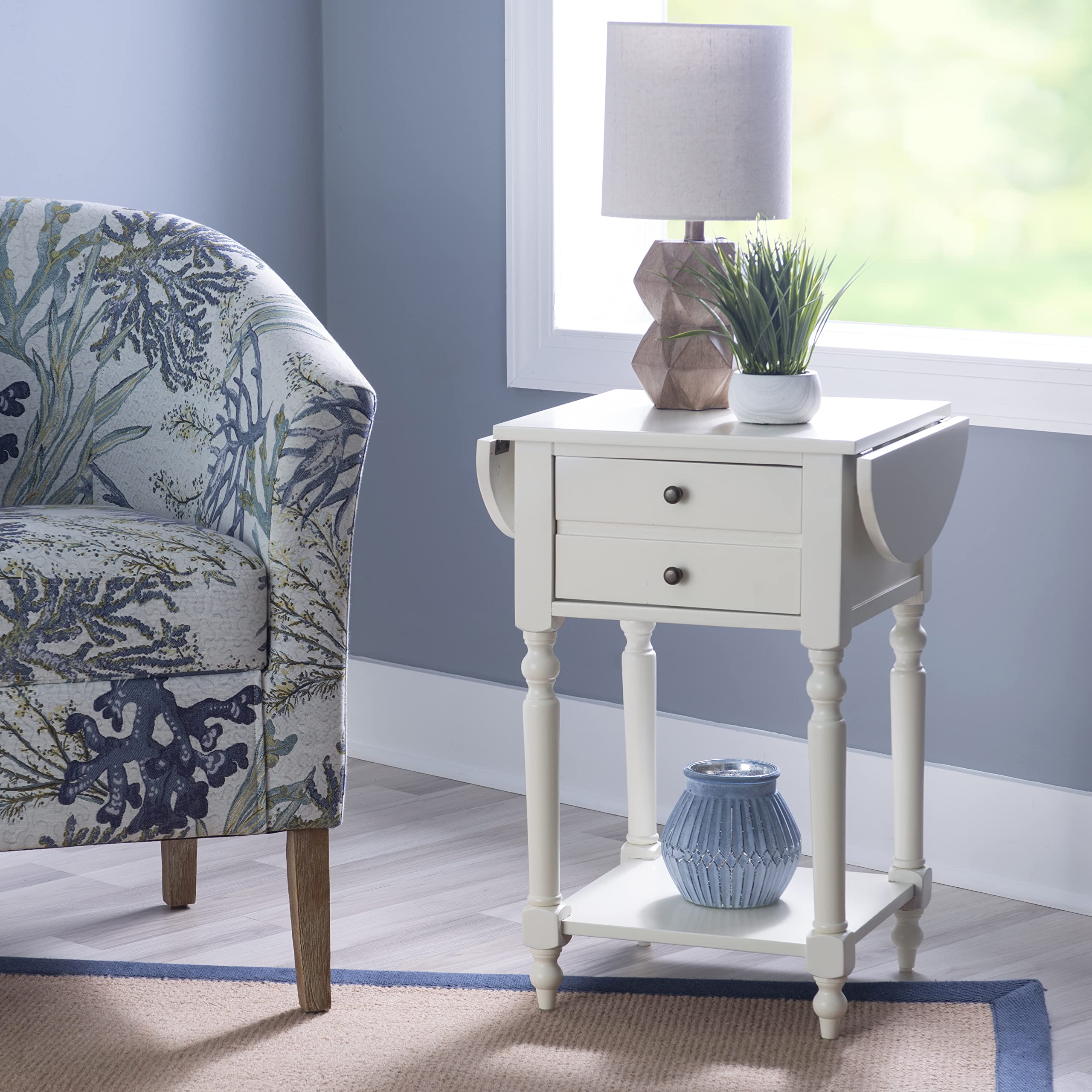 Powell Furniture Shiloh Drop Leaf Accent Table - Antique White Small Side Table for Living Room, Bedroom & Entryway | Compact Space-Saving Design