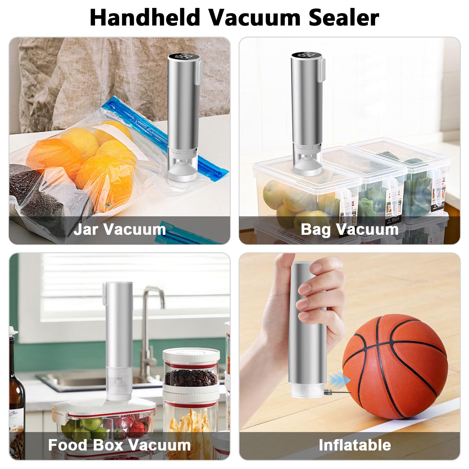 CJC Portable 4-in-1 Cordless Handheld Vacuum Sealer for Food Storage - 60Kpa Strong Suction, 1800mAh Rechargeable Battery, 35 Min Runtime - Electric Mason Jar & Food Sealer with 10 Reusable Bags - Perfect for Kitchen, Camping, Meal Prep & Sous Vide Cooking