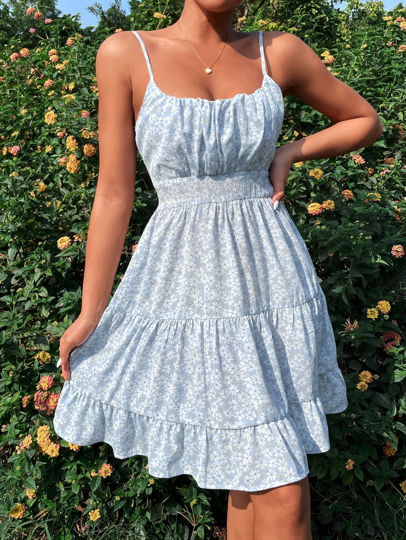 Boho Floral Print Ruched Bust Ruffle Hem Cami Dress for Women - Perfect for Summer Vacations, Beach Getaways & Boho Chic Outfits