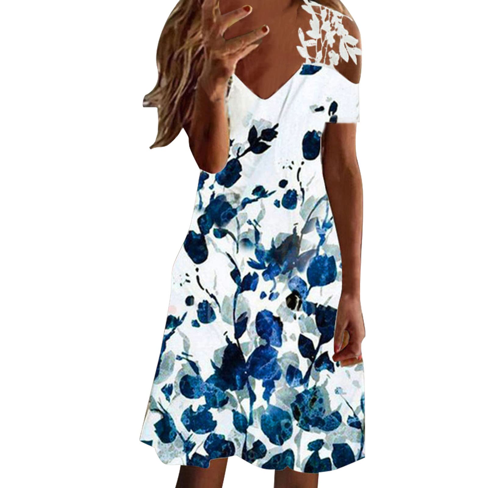Women's Floral Print V-Neck Loose Summer Dress - Elegant Off-Shoulder Casual Sundress for Beach, Vacation & Outdoor Wear
