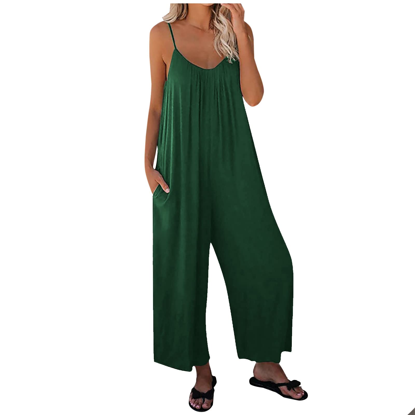 Women's Loose Fit Sleeveless Dungarees with Pockets - Spaghetti Strap Wide Leg Jumpsuit Romper for Summer | Boho Beach Outfit | Size 8-18 UK | Comfortable Casual Wear for Outings, Travel & Relaxation