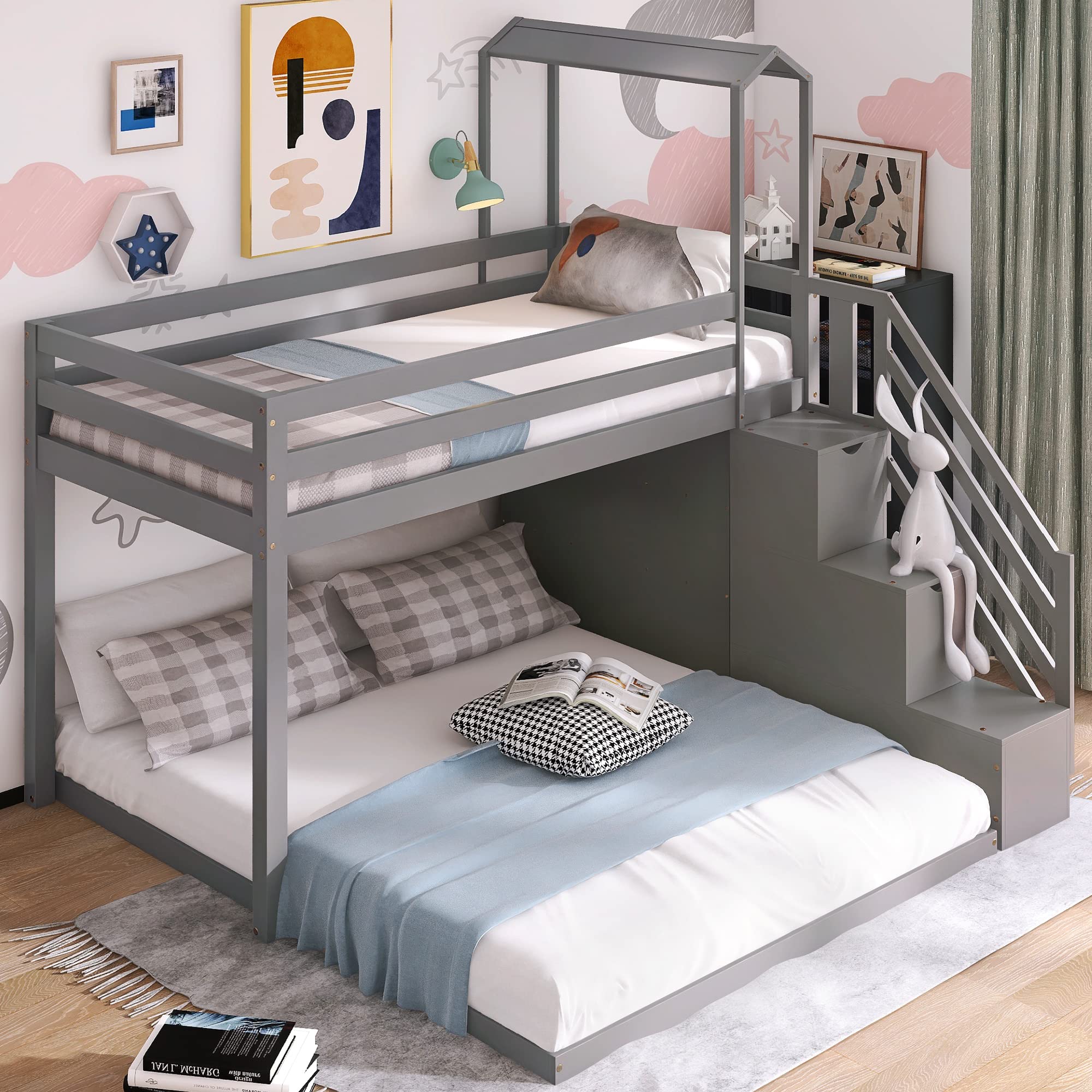 Solid Wood Twin Over Full Bunk Bed with Staircase for Kids - Space-Saving Bedroom Solution