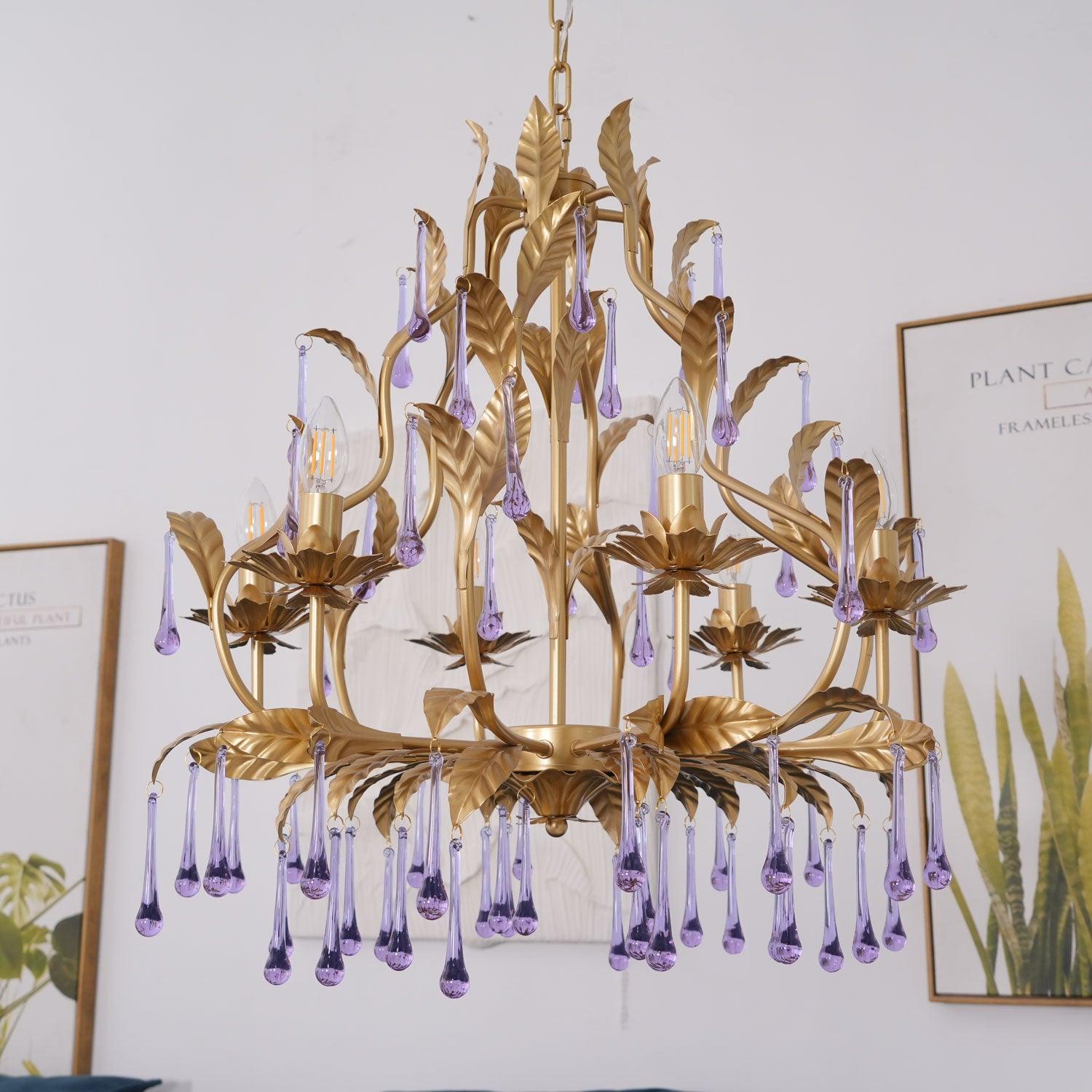 Elegant Amethyst Crystal Drop Glass Chandelier - Modern Luxury Ceiling Light Fixture for Dining Room, Bedroom & Living Room Decor
