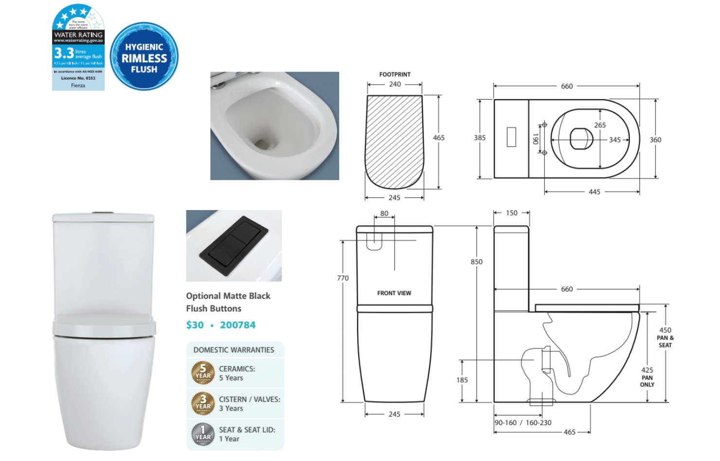 Fienza K021A Kaya Back-to-Wall S-Trap 90-160mm Toilet in White – Modern Bathroom Solution for Small Spaces & Water Efficiency