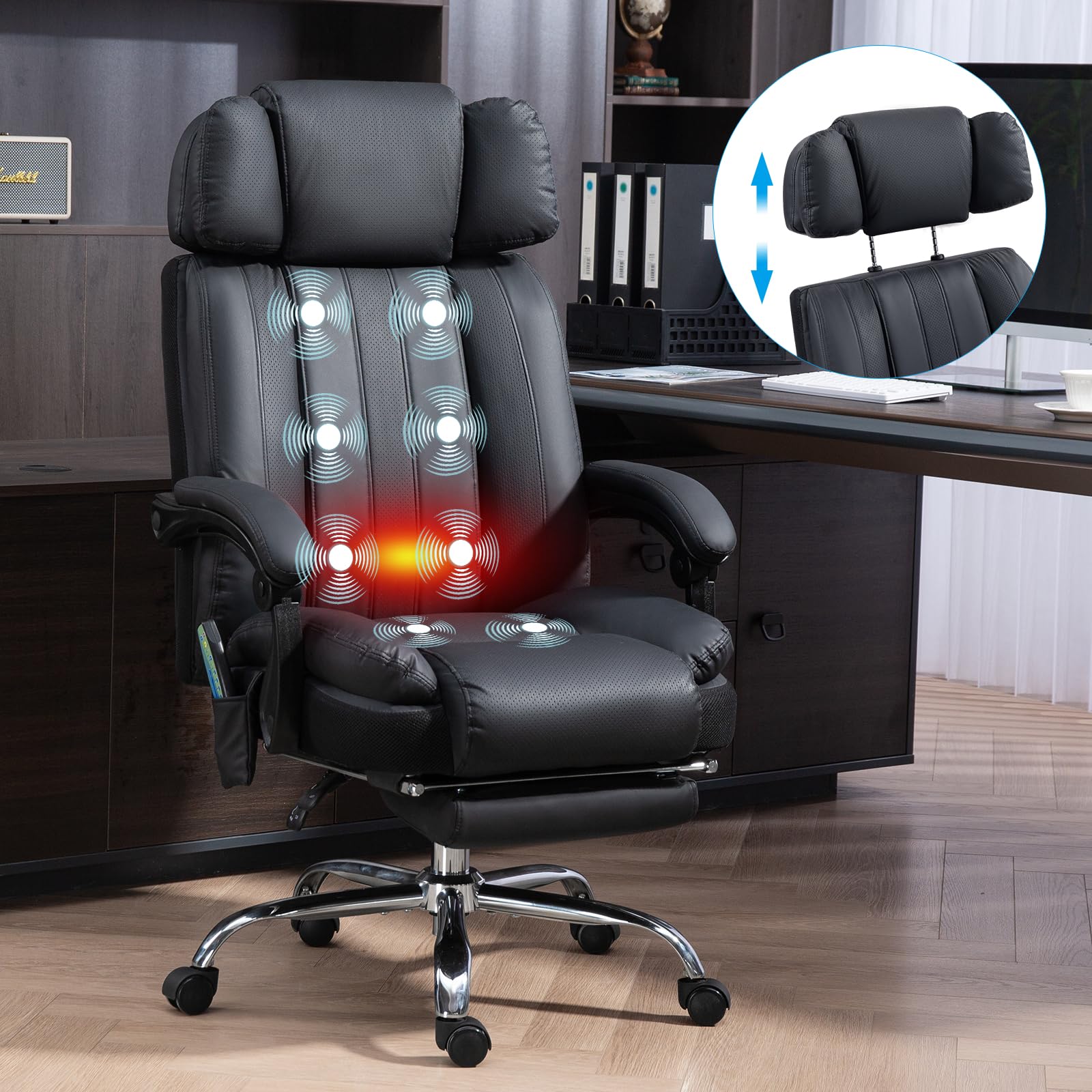 Ergonomic Massage Office Chair with Heat & 8 Vibration Points - Big & Tall Executive Chair with Adjustable Headrest, Extra Wide Seat, Footrest & Padded Armrests - Perfect for Home Office, Gaming & Workspaces