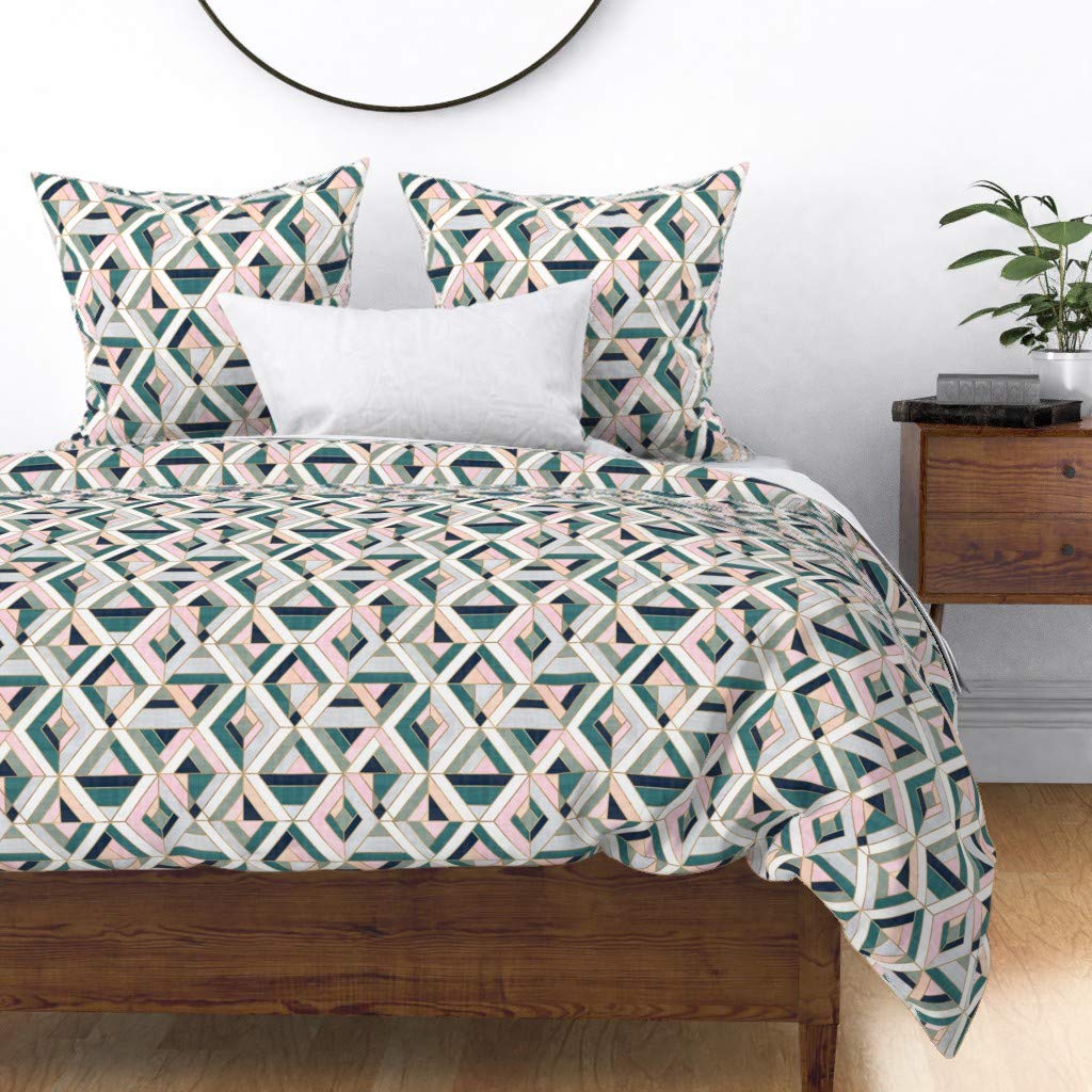 Custom Mosaic Pastel Vintage Geometric Duvet Cover - King/California King Size, 100% Cotton Sateen Bedding with Retro Triangle & Diamond Abstract Print | Perfect for Boho Chic, Mid-Century Modern & Vintage Inspired Bedrooms